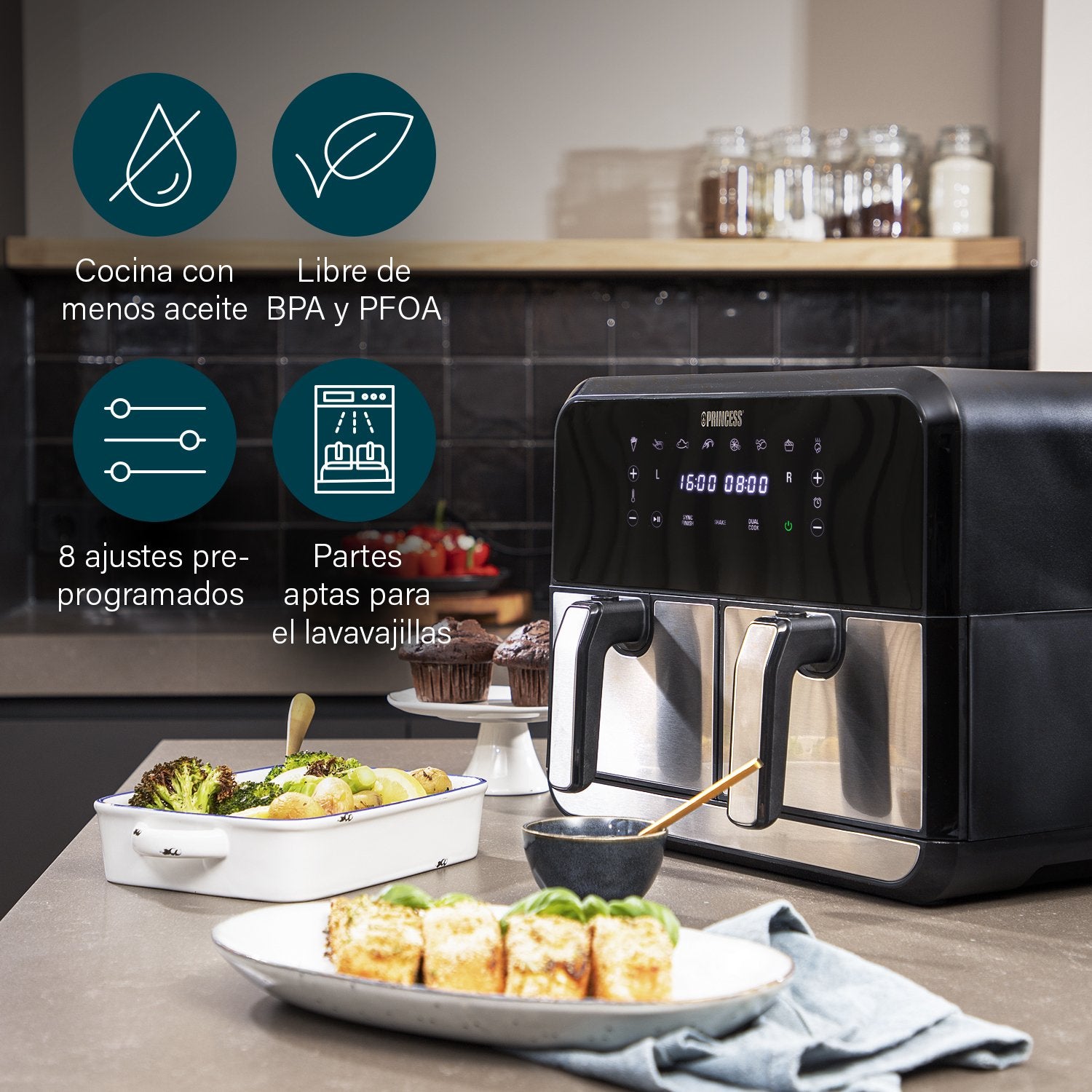 EAN 8712836969360 - Princess 182074 Doble 8 L Independiente 1700 W Freidora de aire caliente Negro, Acero inoxidable imagen 22