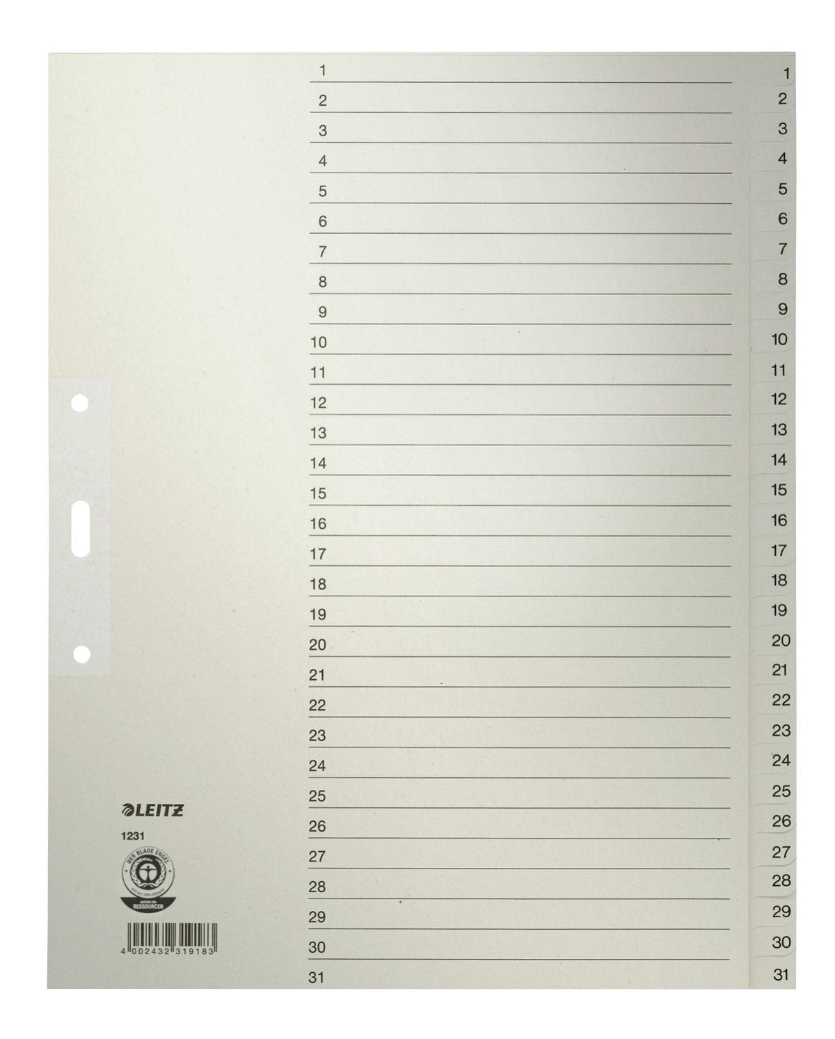 Esselte Leitz Separador - 31 Piezas - Preimpreso: 1-31 - Para A4 Extra (235 × 322 Mm)