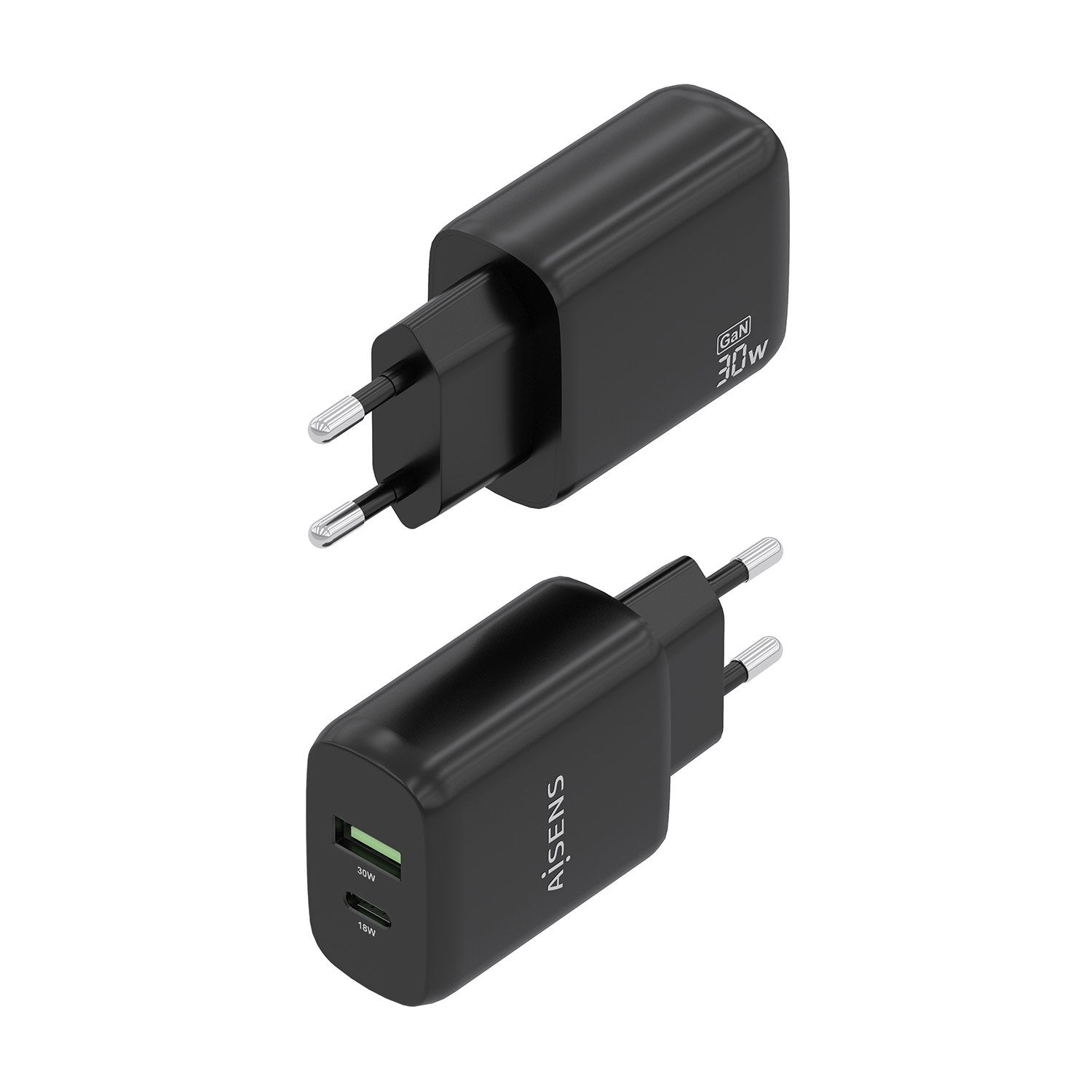 Aisens Cargador Gan 30w, 1xusb-C Pd3.0 Qc4.0, 1xusb-A Qc3.0, Negro