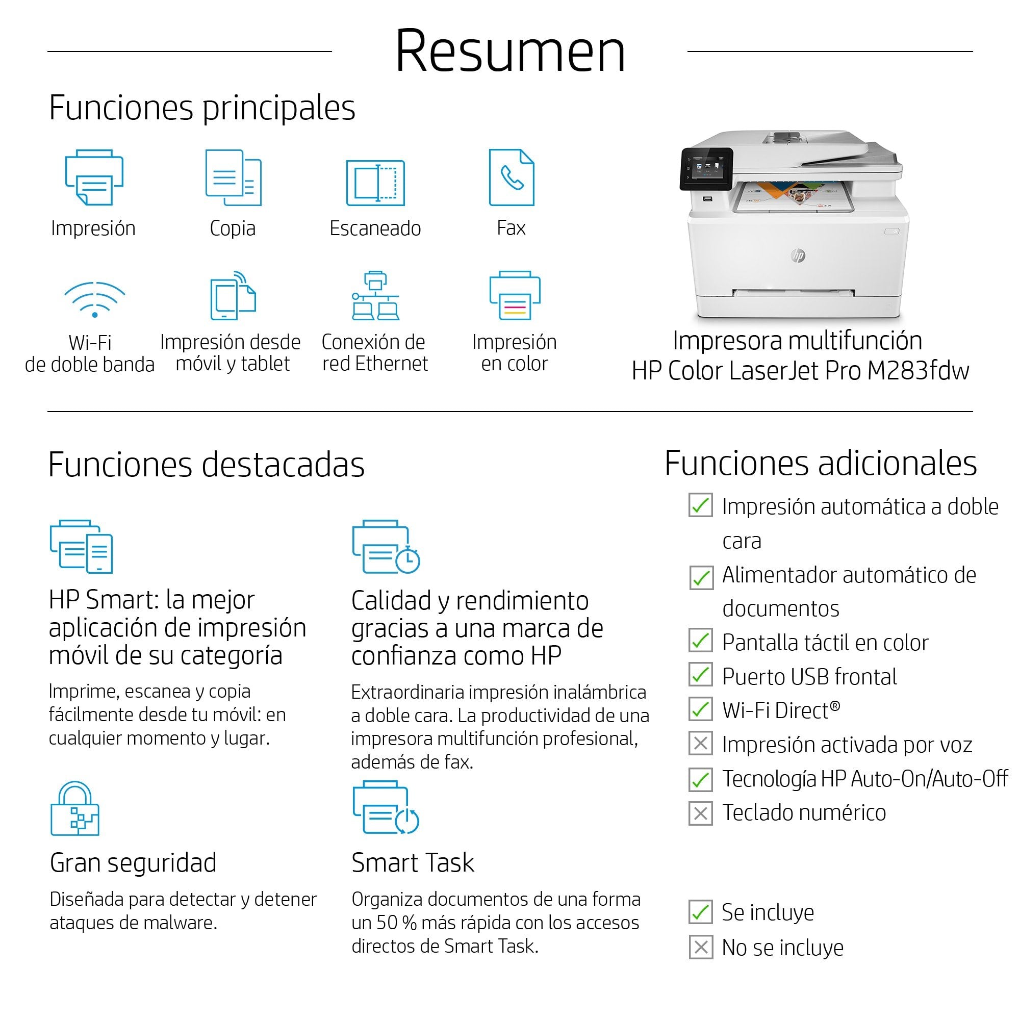 Multifunción Láser Color Hp Láserjet Pro M283fdw Wifi Fax Dúplex Blanca
