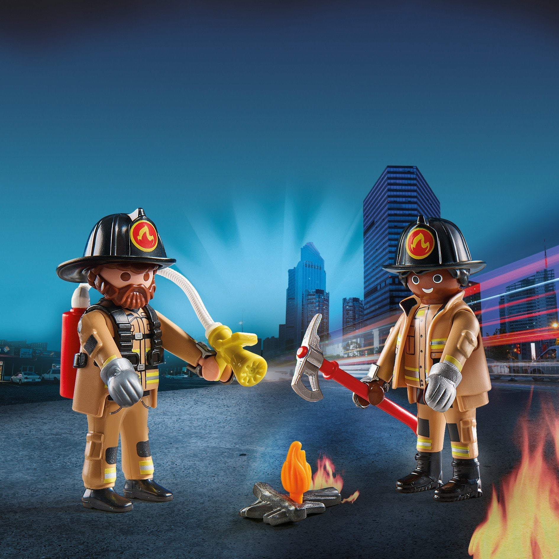 Playmobil 71207 Duopack Bomberos. Con Dos Figuras, Hacha De Fuego Y Extintor.