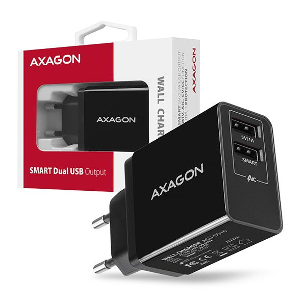 Axagon Acu-Ds16, Cargador De Red Smart, 2x Salidas Usb 5v / 2.2a + 5v / 1a, 16w