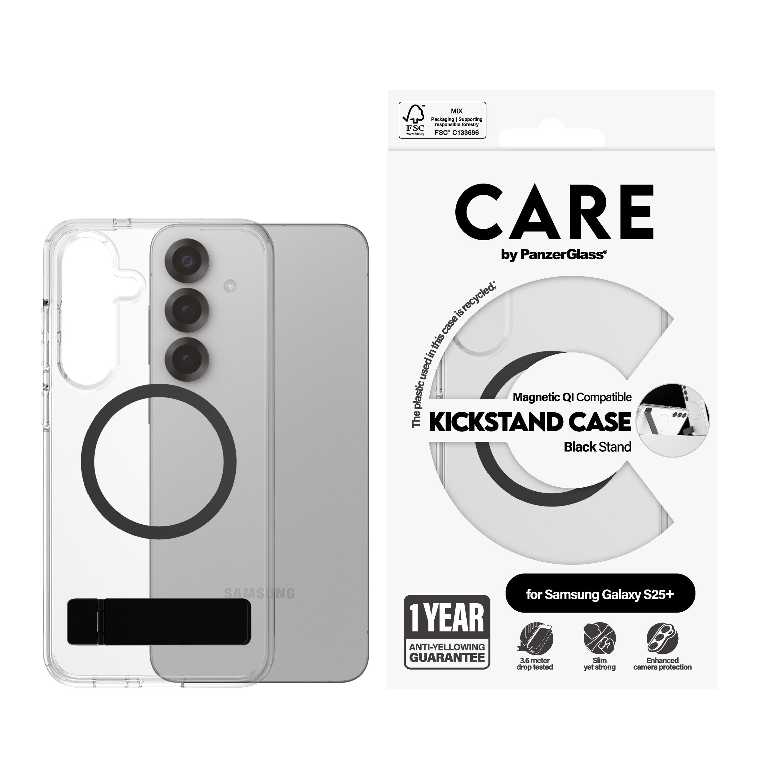 EAN 5715685016486 - PanzerGlass CARE™ by ® Case Transparent w. Black Kickstand & Qi Compatible Samsung Galaxy S25+ funda para imagen 2