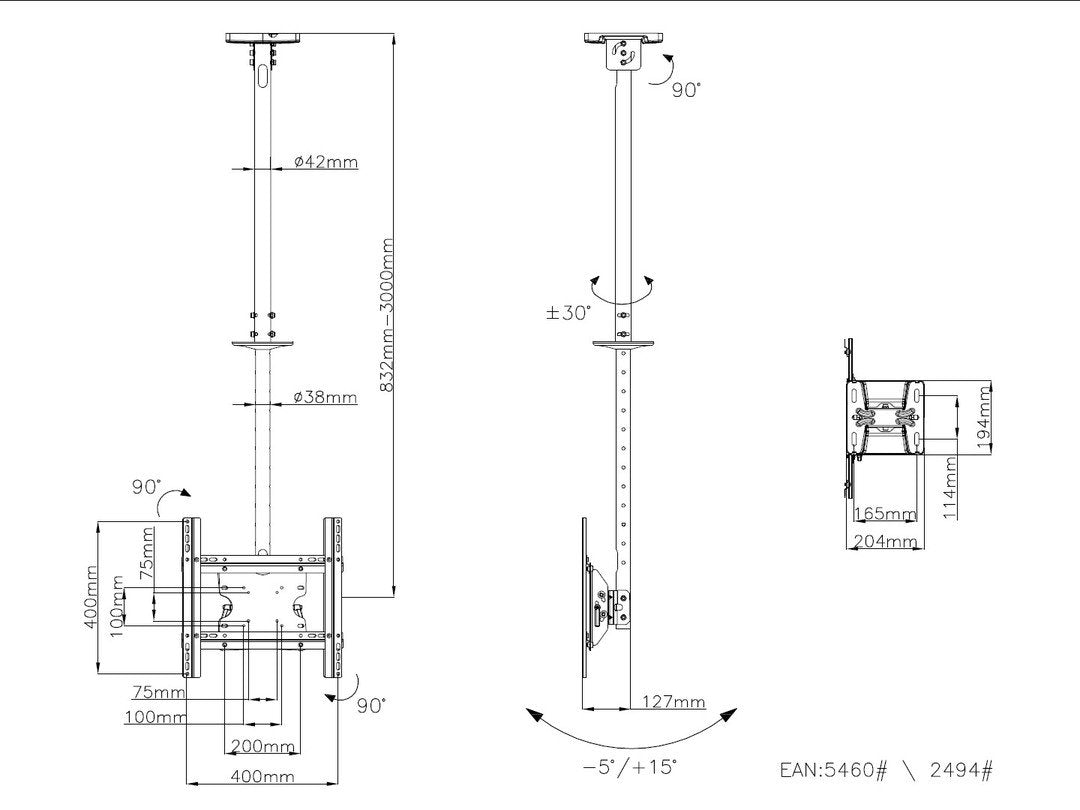 M Public Ceilingmount Medium Single 3000 Multibrackets M