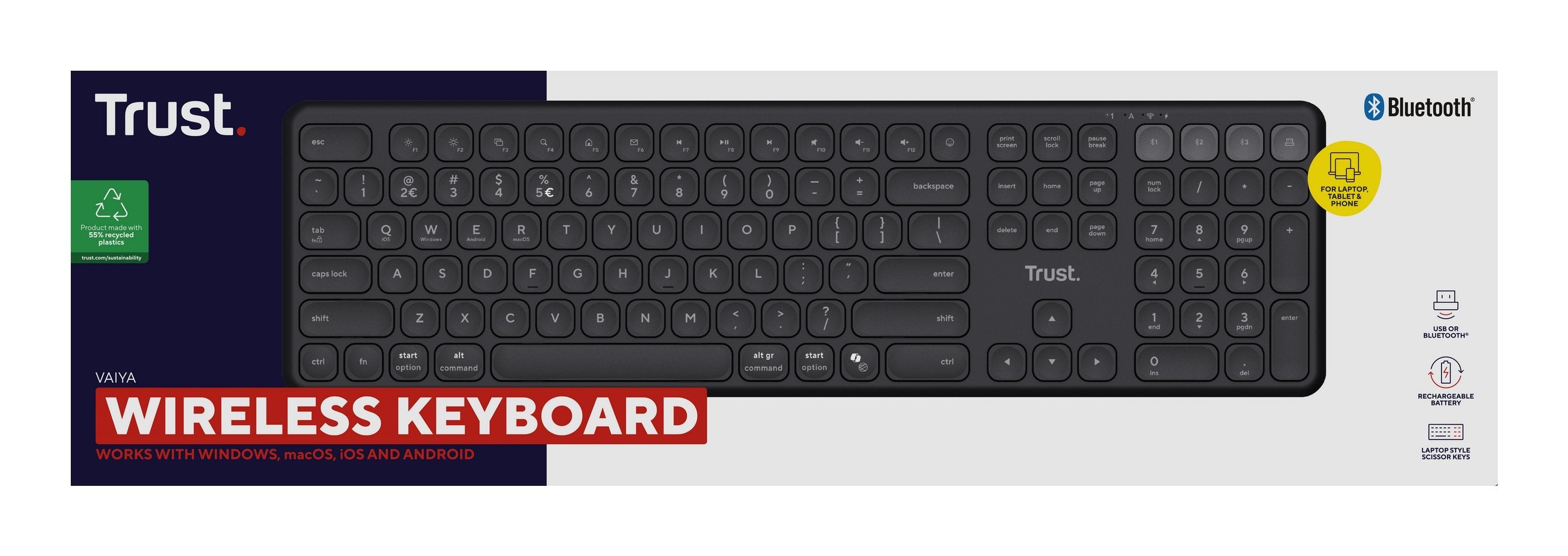 Teclado Trust Vaiya Inalambrico Multidispositivo De Tamaã±O Completo Negro 25511