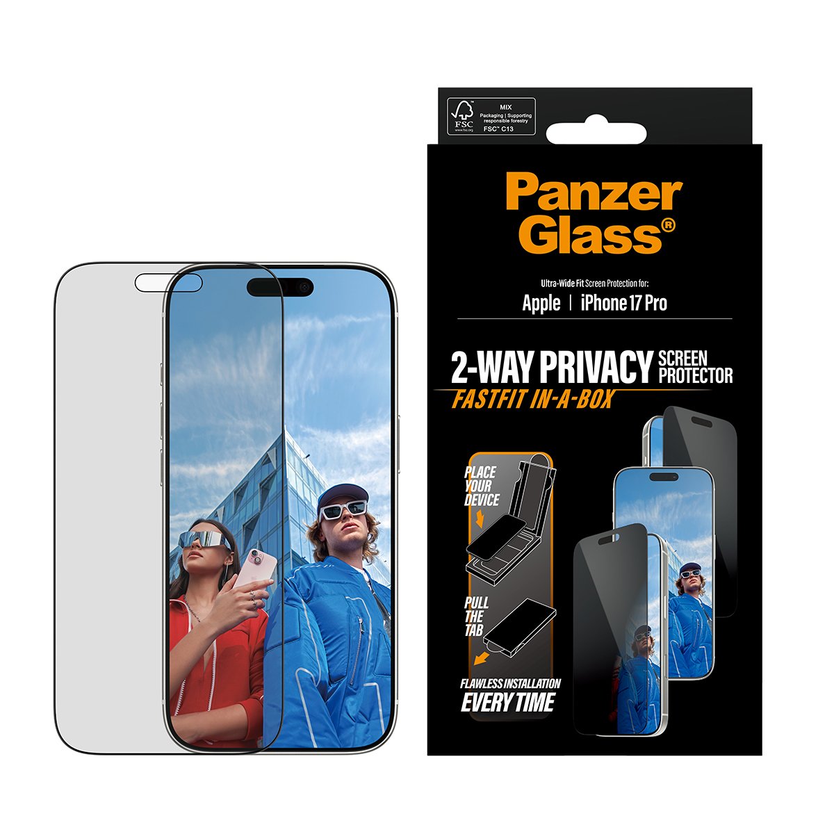 EAN 5715685030536 - PanzerGlass ® Privacy Screen Protector w. Black Frame iPhone 17 Pro | Ultra-Wide Fit w. Fastfit in-a-box imagen 2
