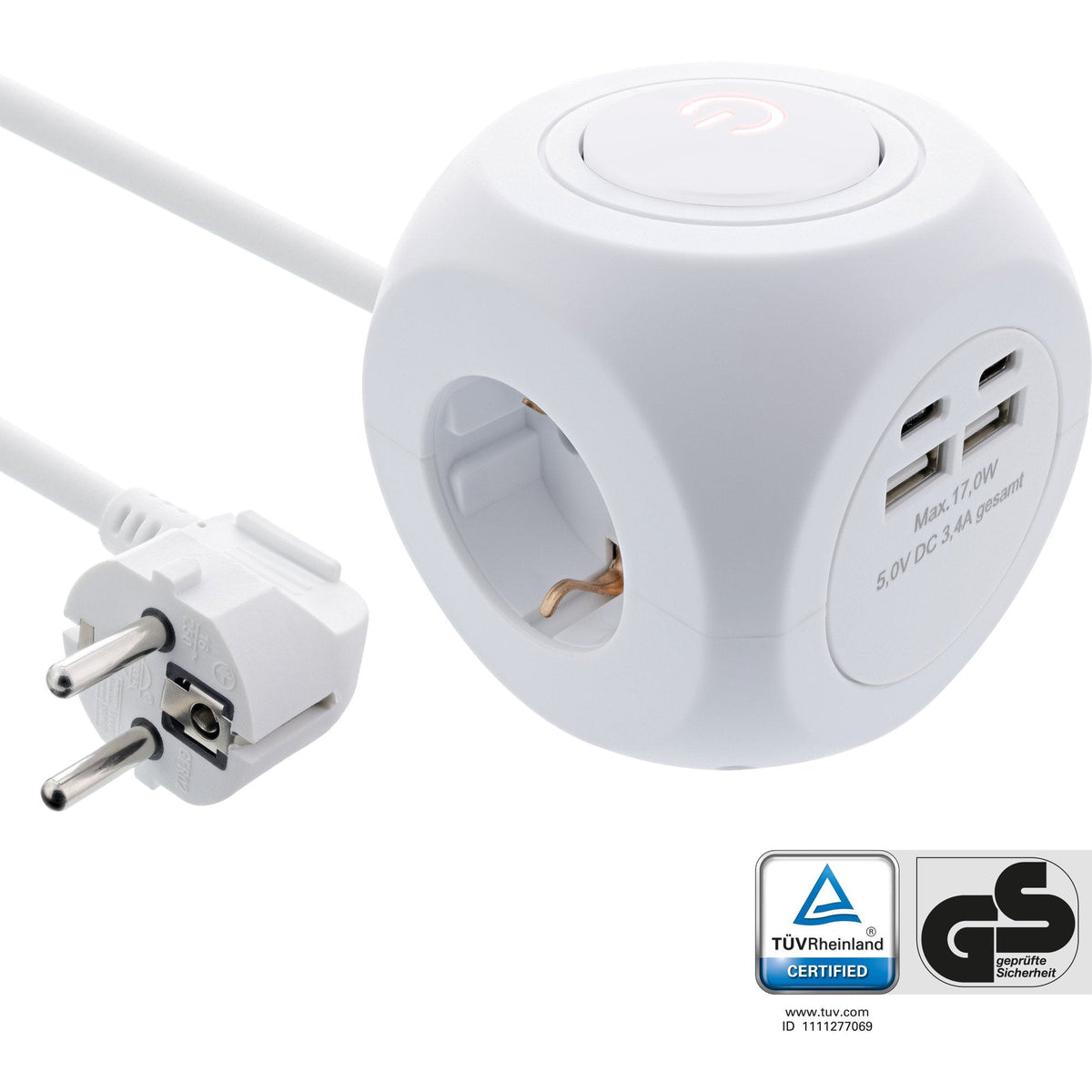 Inline® Charging Cube, 3x Earthing Contact, 2x Usb-C, 2x Usb-A, White, 2m