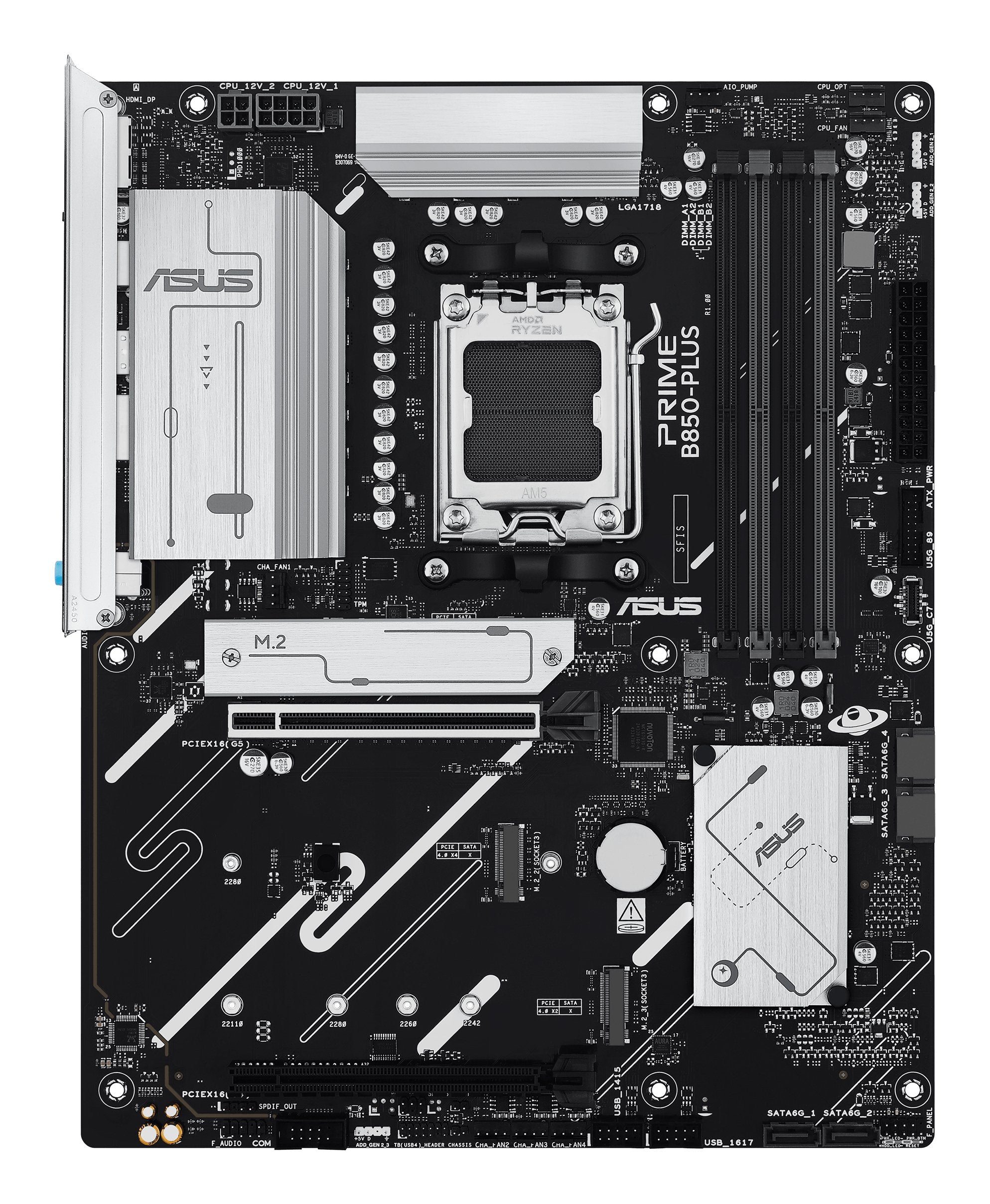 Mainboard Asus Amd B850 Sam5 Atx Memory Ddr5 Memory Slots 4 1xpci-Express 4.0 16x 1xpci-Express 5.0 16x 3xm.2 1xhdmi 1xdisplayport 2xusb 2.0 5xusb 3.2 1xusb-C 1xrj45 3xaudio Port Primeb850-Plus