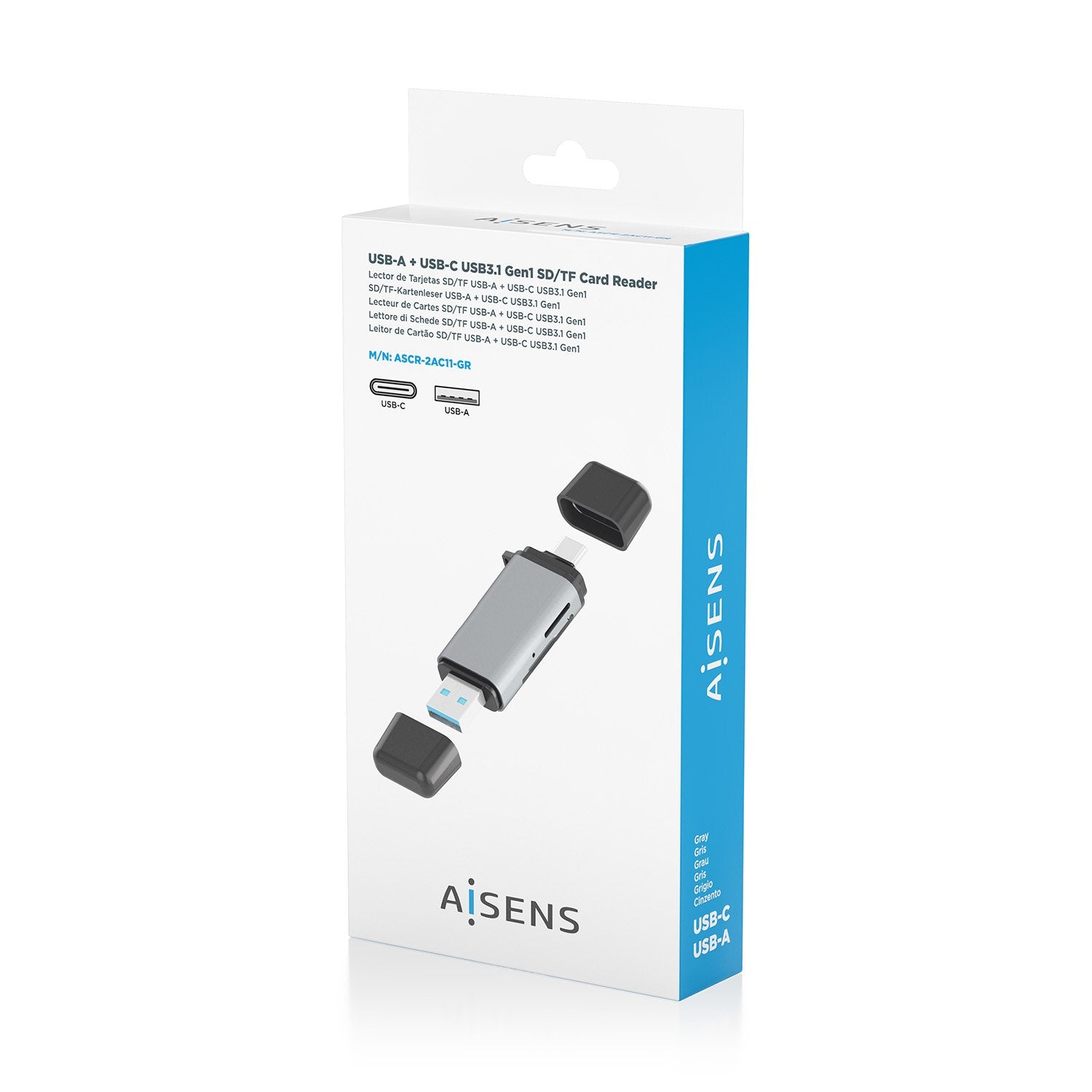 Aisens Lector De Tarjetas Sd, Micro Sd, Mmc, Rs-Mmc, Mmc Micro, Usb-A Y Usb-C, Gris
