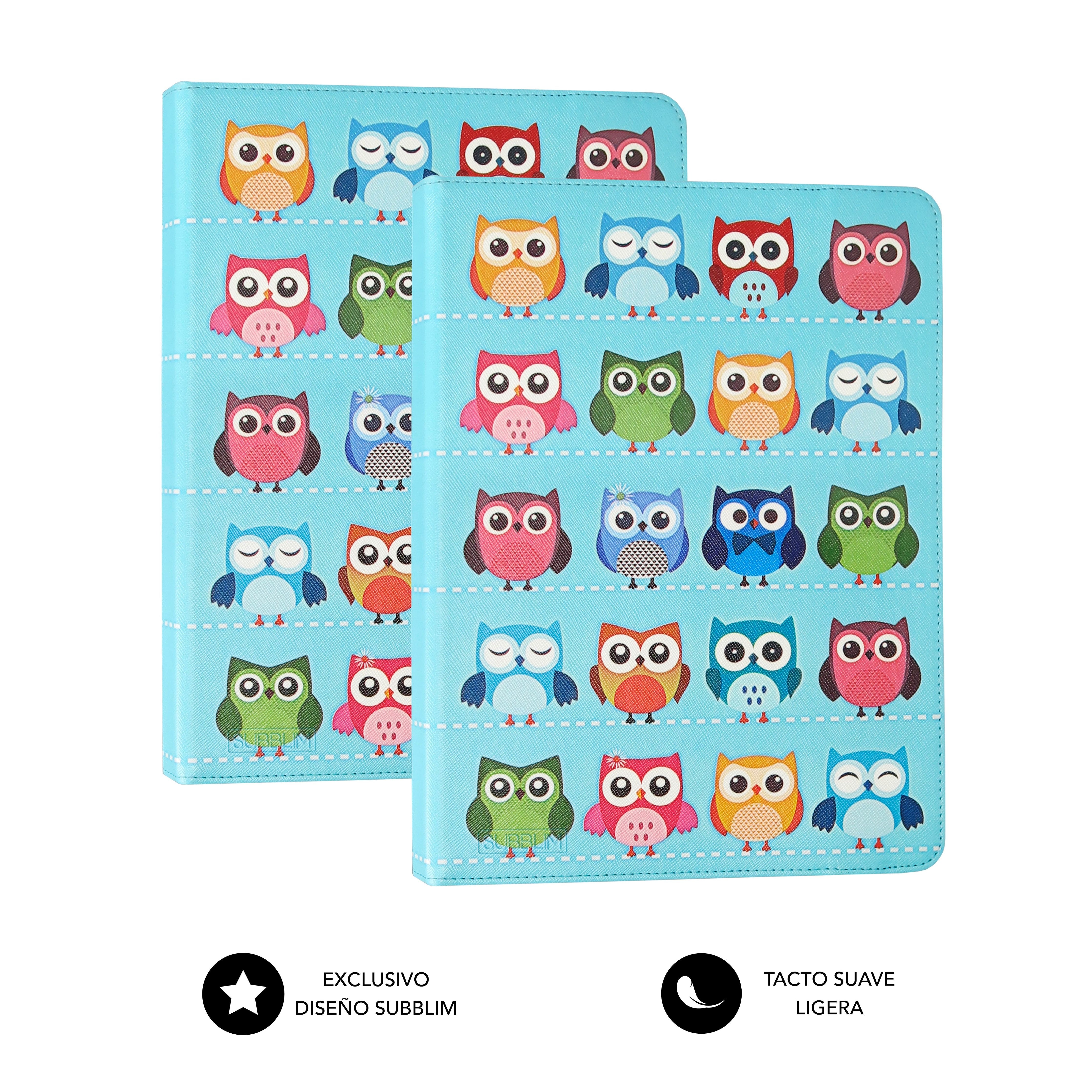 Funda Universal Subblim Trendy Owls Para Tablet Hasta 10.1'/25.6cm Exterior Símil Piel Interior Aterciopelado Cierre Banda