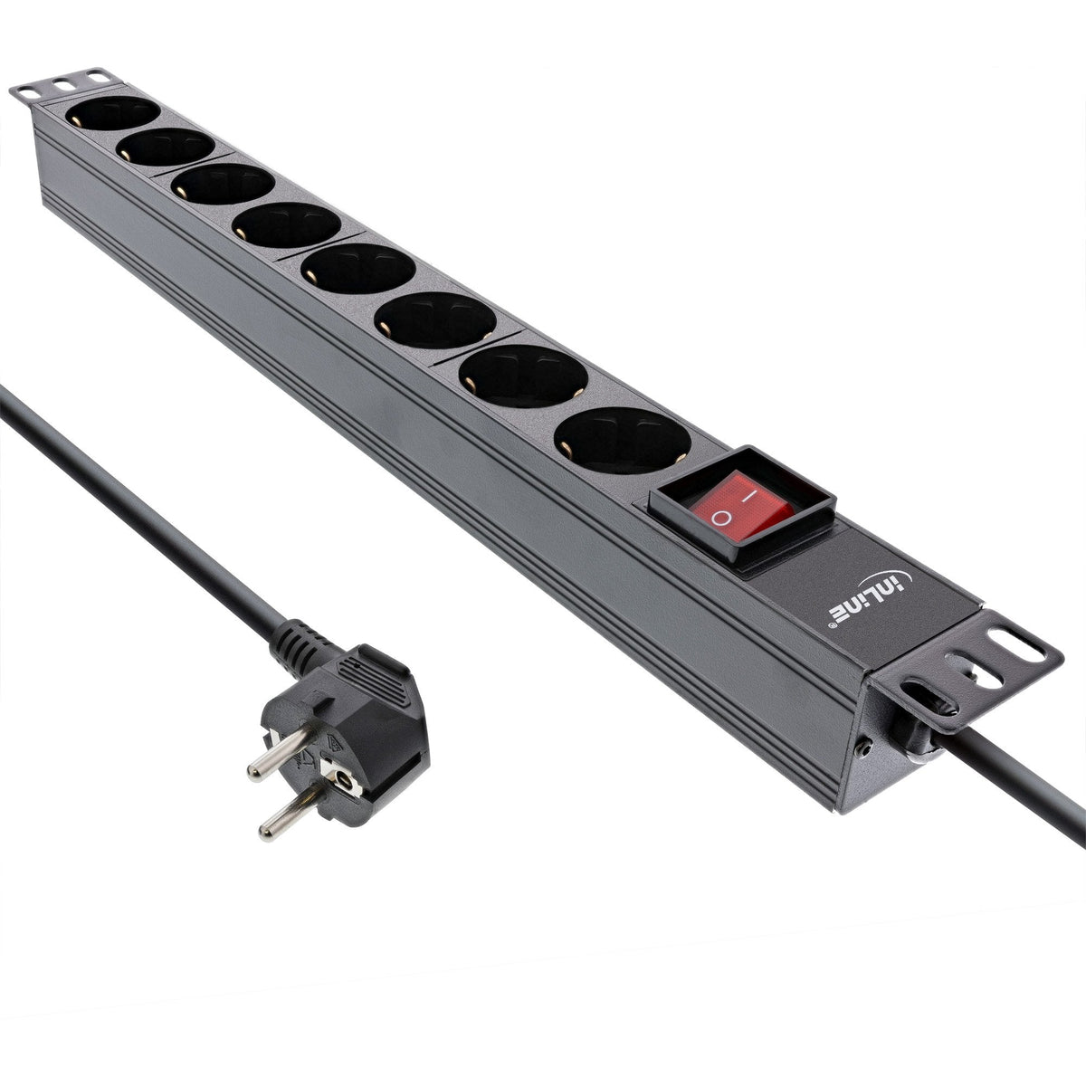 Regleta Inline De 19", Contacto De Protección De 9 Contactos, Con Interruptor, 2 M, Negro