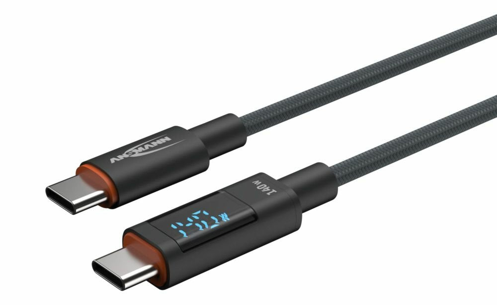 Cable Ansmann Usb 2.0 , Usb-C Stecker > Usb-C Stecker (Anthrazit, 2,0 Meter, Pd 3.1, Laden Mit Bis Zu 140 Watt, Gesleevt, Integriertes Led Display) 1700-0171