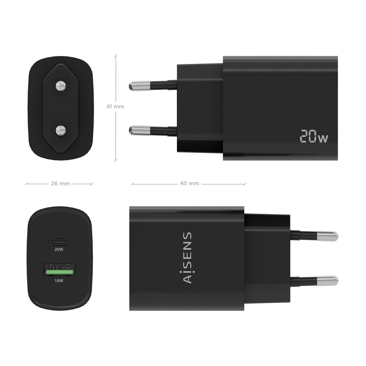Aisens Cargador 20w - 1xusb-C Pd3.0 - 1xusb-A Qc3.0 - Negro