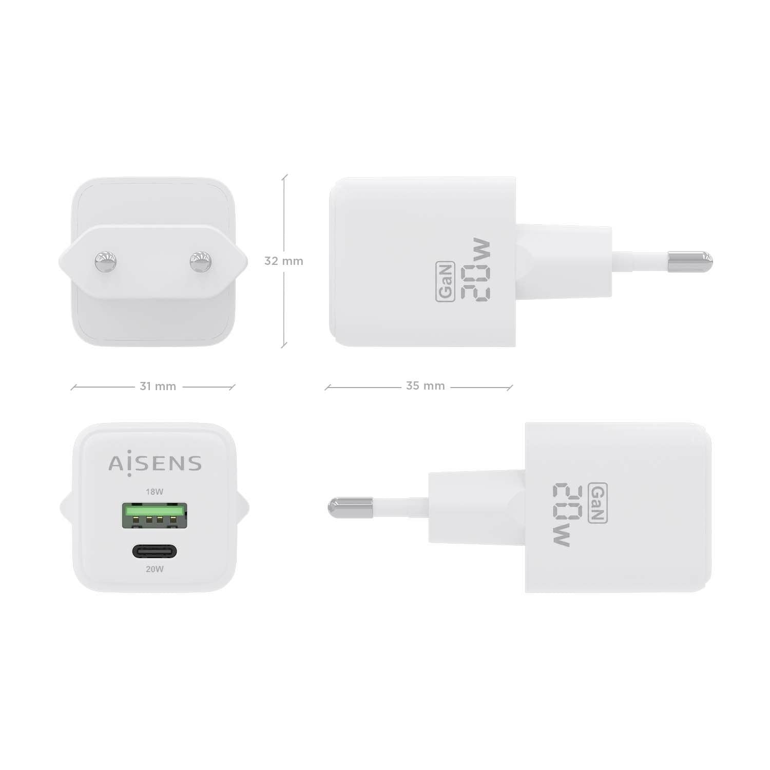Aisens Cargador Gan 20w - 1xusb-C Pd3.0 Qc4.0 - 1xusb-A Qc3.0 - Blanco