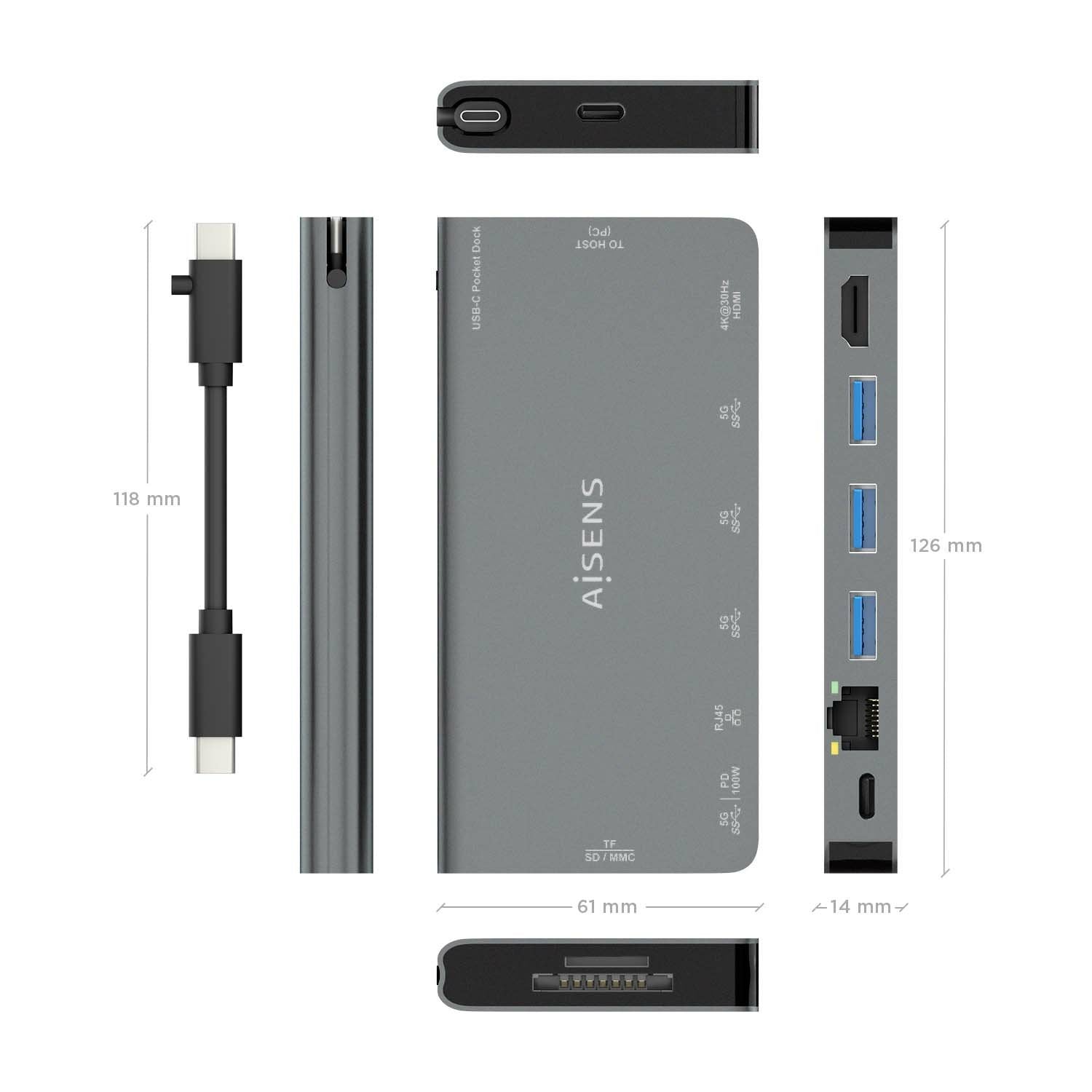 Aisens Usb-C Dock 8 En 1 - Usb-C A 1xhdmi - 1xrj45 - 3xusb-A - 1xusb-C Datos+Pd - 1xsd - 1xmicro Sd - 10cm - Gris