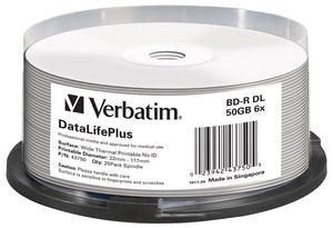 Verbatim 43750 Bluray Bd-R Dl Verbatim Spindle 25 50gb 6x Wide Thermal Print No Id