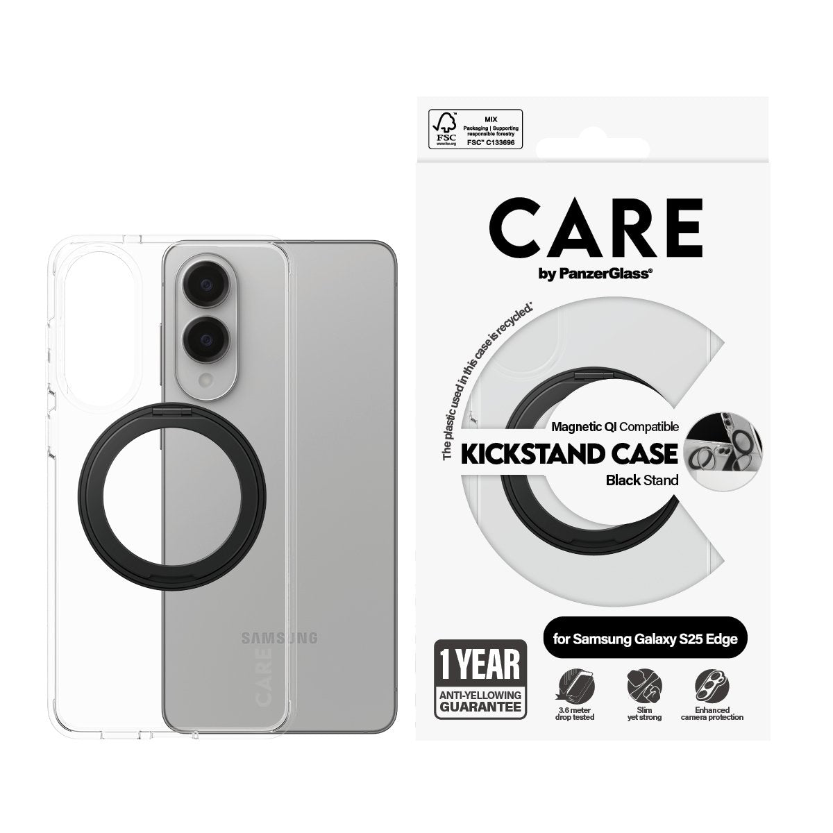 EAN 5715685025495 - PanzerGlass CARE™ by ® Case Transparent w. Black Kickstand & Qi Compatible Samsung S25 Edge funda para te imagen 2