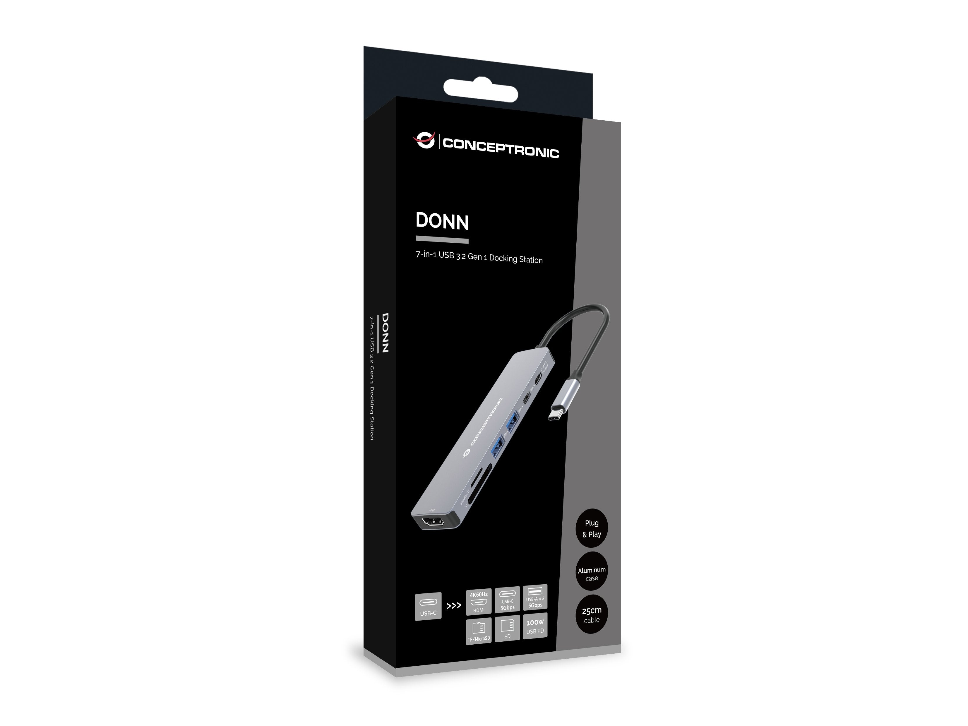 Conceptronic Dock Usb-C->Hdmi,2xusb-C,Sd,Tf,100wpd 25cm Gr