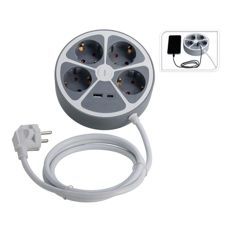 Base De Enchufe Múltiple 4 Tomas Redonda + Usb, 1,4m Cable