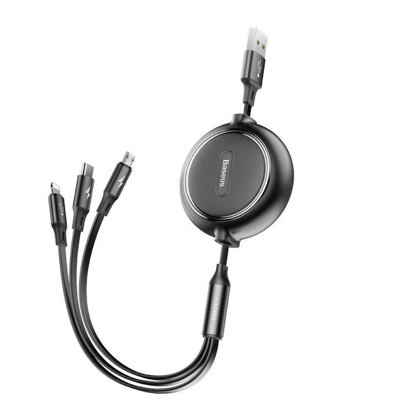 Baseus Data Cable 3 In 1 Retrattile Micro Usb, Lightning, Type-C 3.5a 1.2mt Golden Loop Black Camlt-Jh01