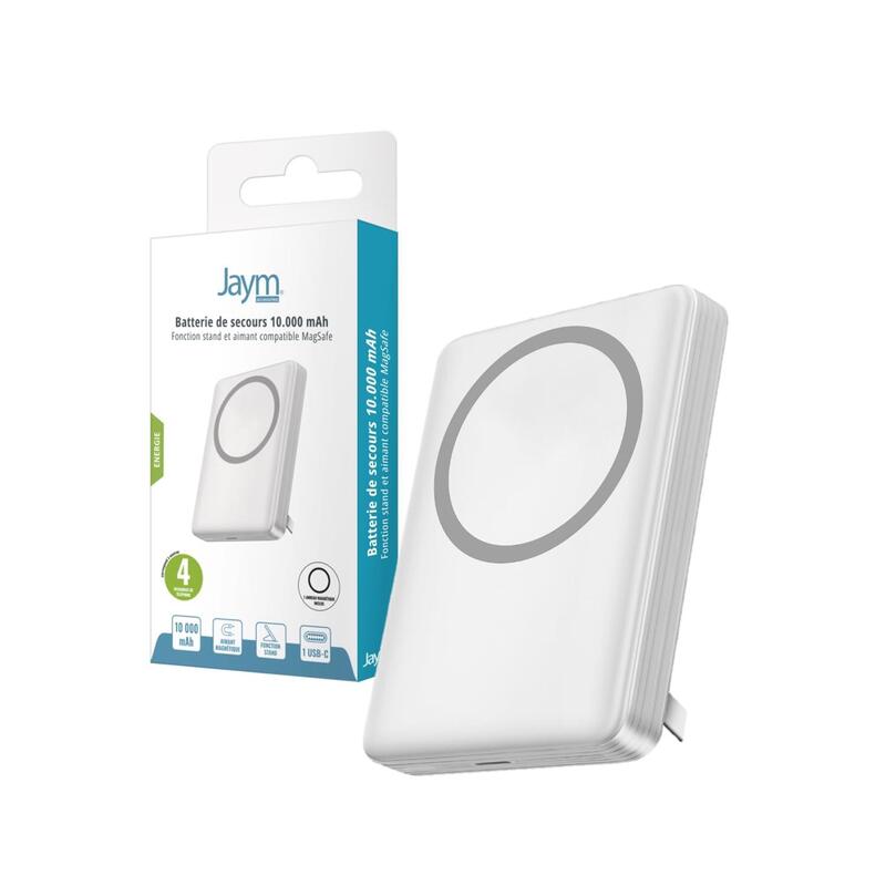 Batería De Secours 10 000 Mah Con Fonction Stand - Magsafe Induction 15w Out + Usb-C In / Out + Anneau Magsafe - Blanco - Jaym