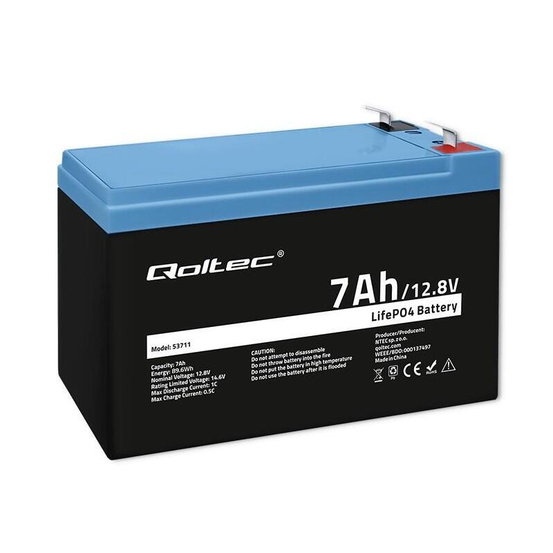 Batería Qoltec 53711 Lifepo4 De Fosfato De Hierro Y Litio, 12,8 V, 7 Ah, 89,6 Wh, Bms