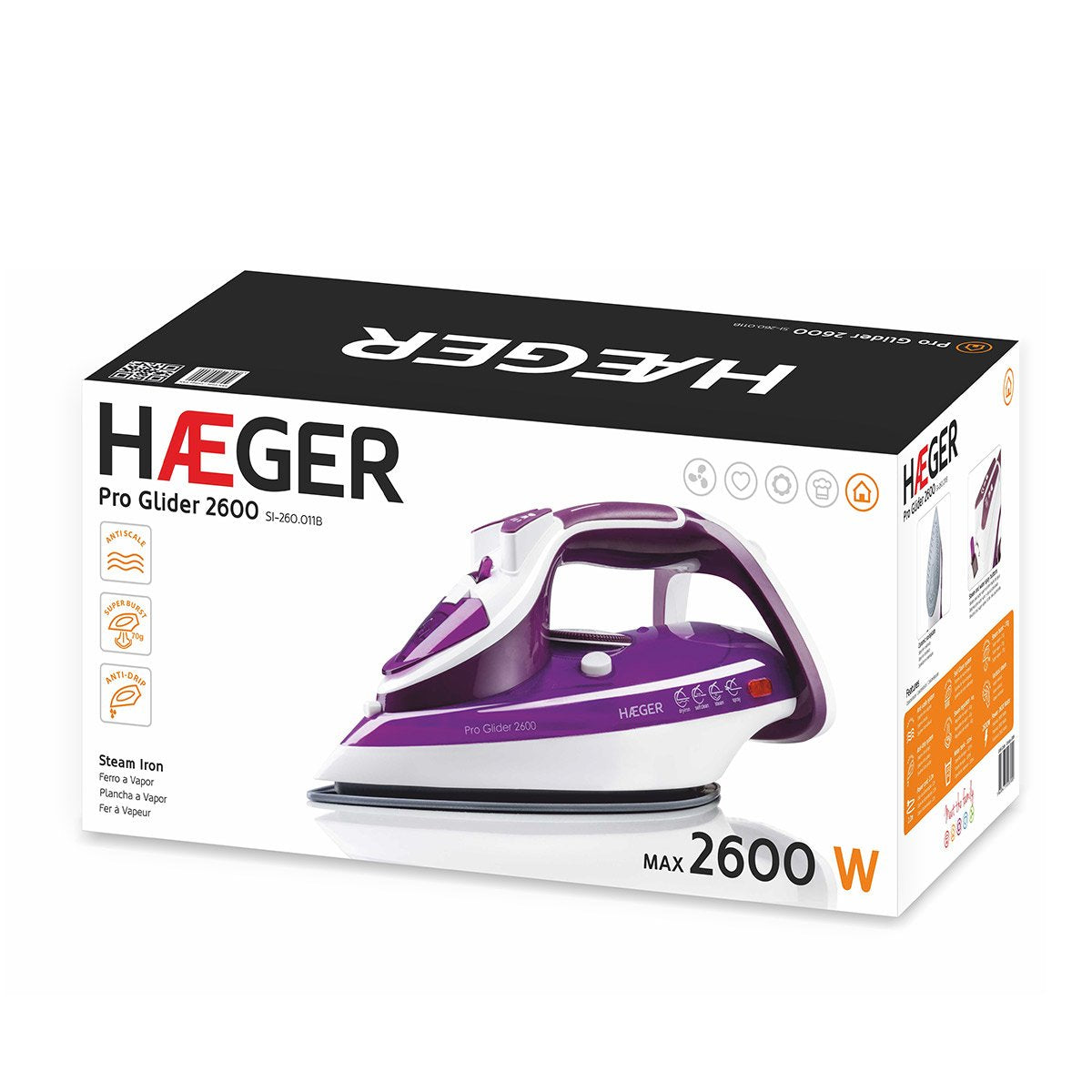 Haeger Pro Glider 2600 Plancha Vapor-Seco Suela De Cerámica 2600 W Violeta, Blanco