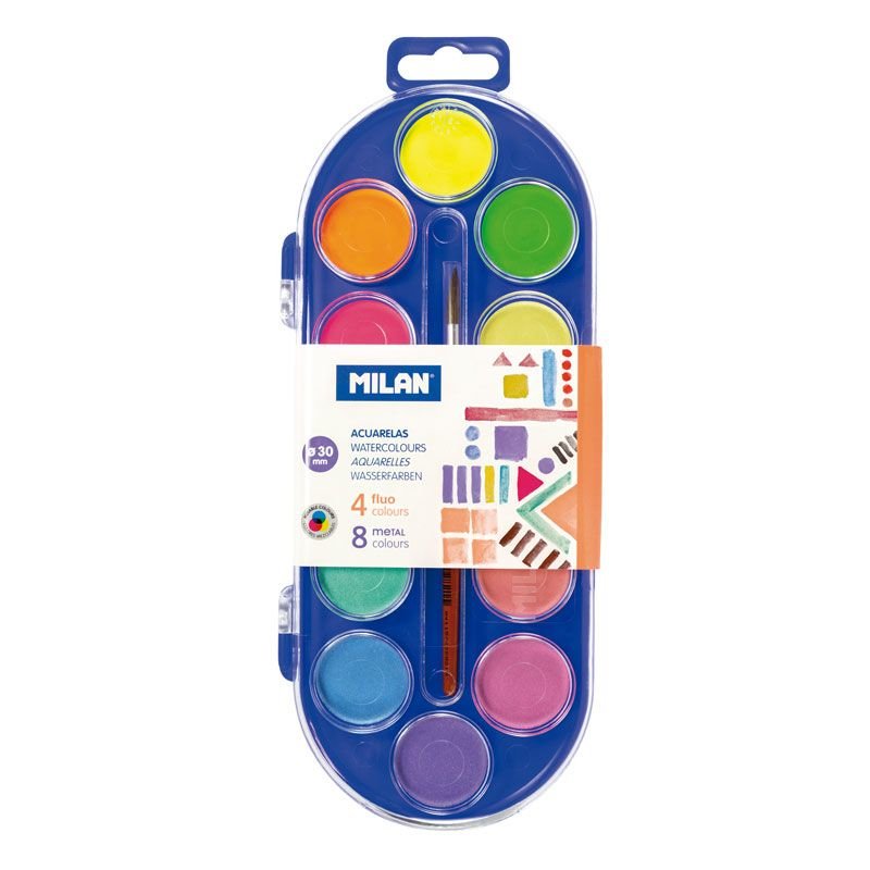 Milan Estuche De 12 Acuarelas Ø30 Mm + Pincel Serie 101 - Mezclable - Colores Fluorescentes Y Metalizados