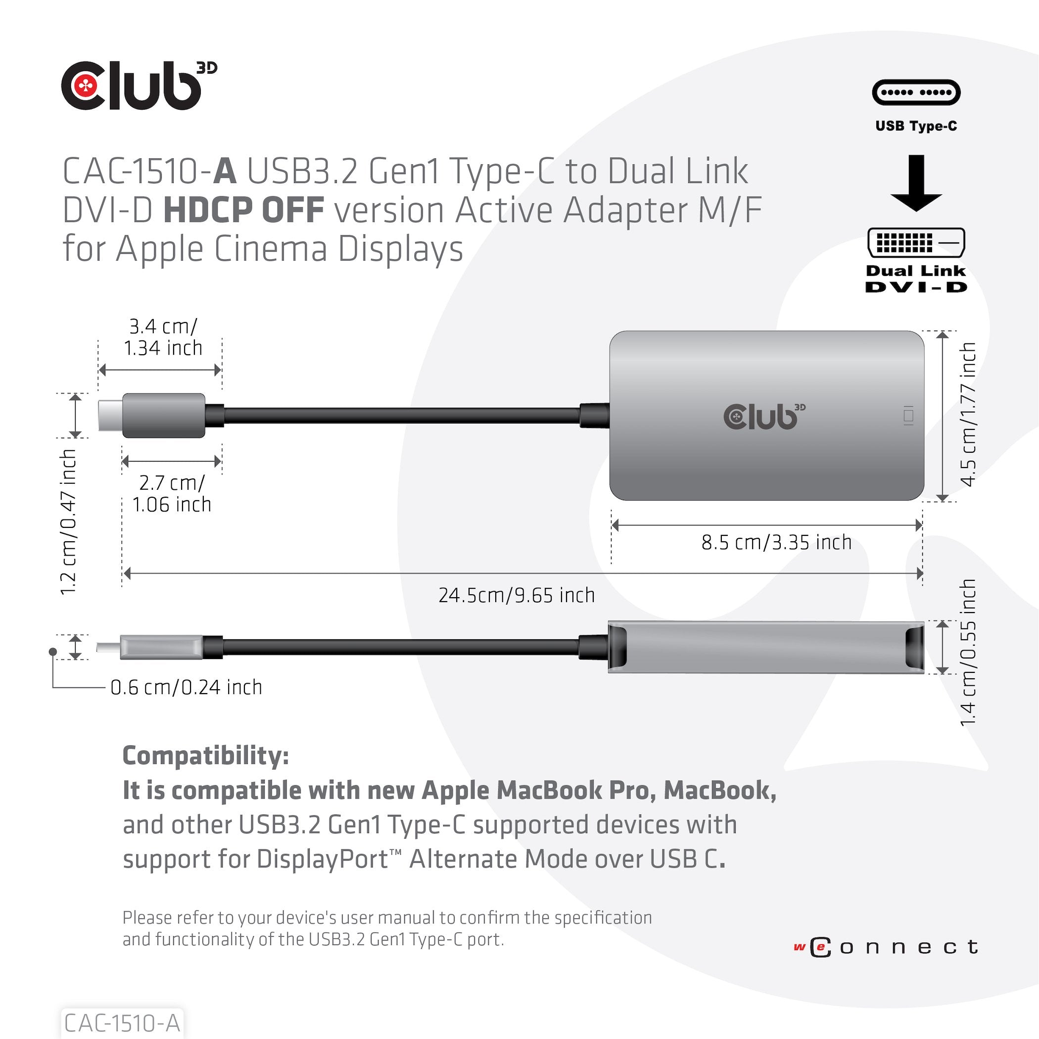 EAN 8719214471651 - CLUB3D CAC-1510-A adaptador de cable de vídeo 0,25 m USB Tipo C DVI-D Gris imagen 6