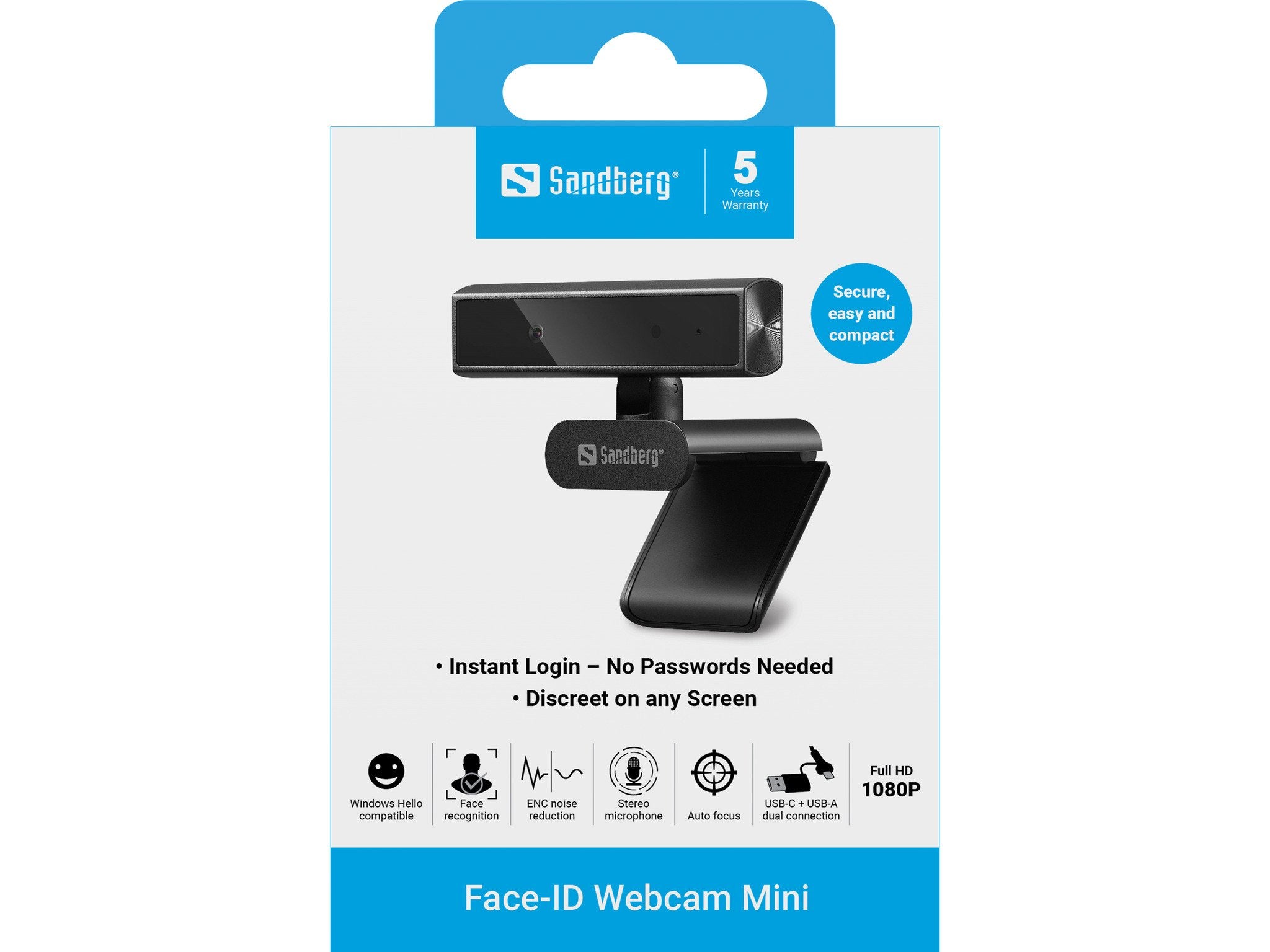 EAN 5705730134432 - Sandberg Face-ID Webcam Mini cámara web 2 MP 1920 x 1080 Pixeles USB-C Negro imagen 8