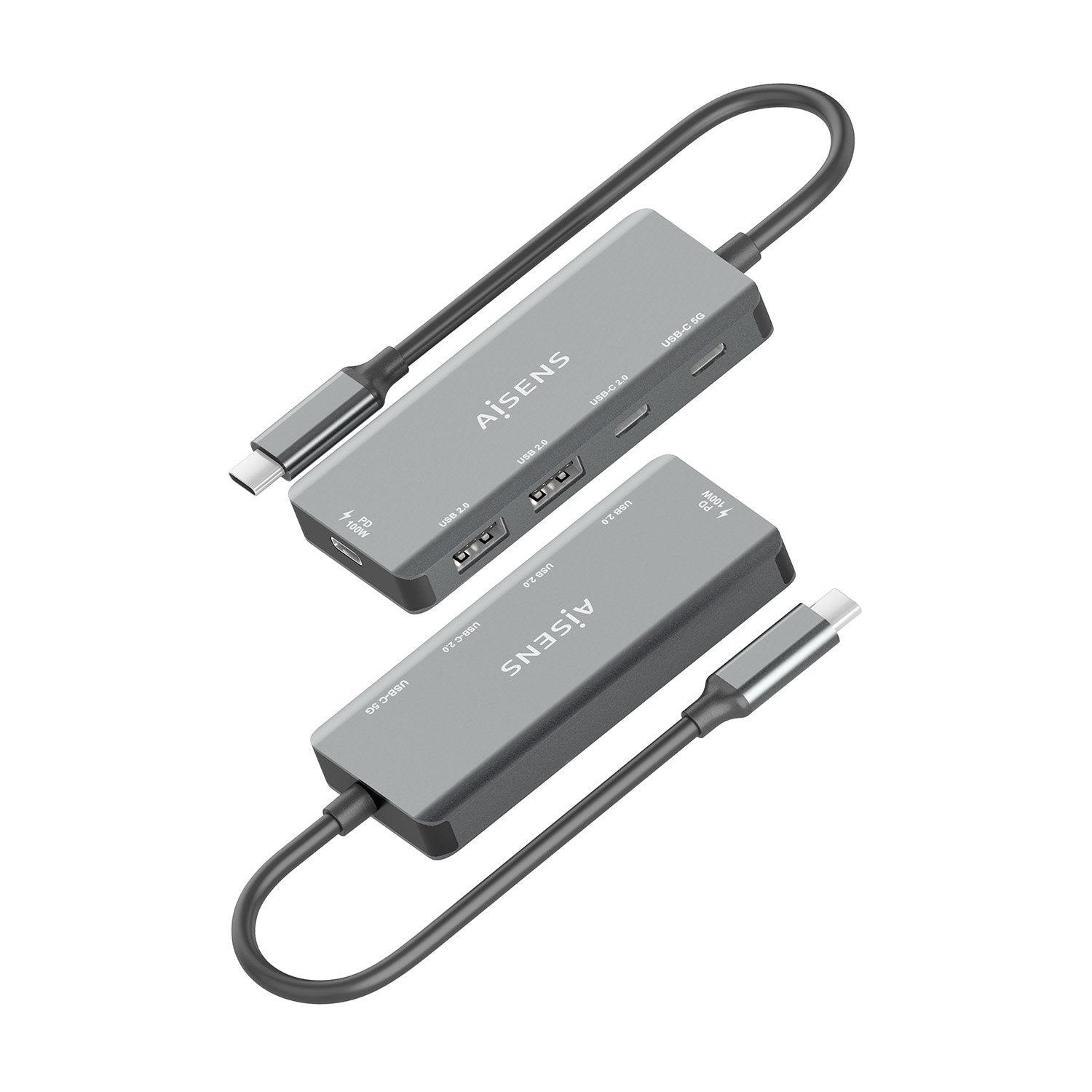 Aisens Hub Usb 3.1 Usb-C, Usb-C/M-1xusb-C Pd 100w+1xusb-C Usb3.0/H+1xusb-C Usb2.0/H+2xusb-A Usb2.0/H, Gris, 15cm