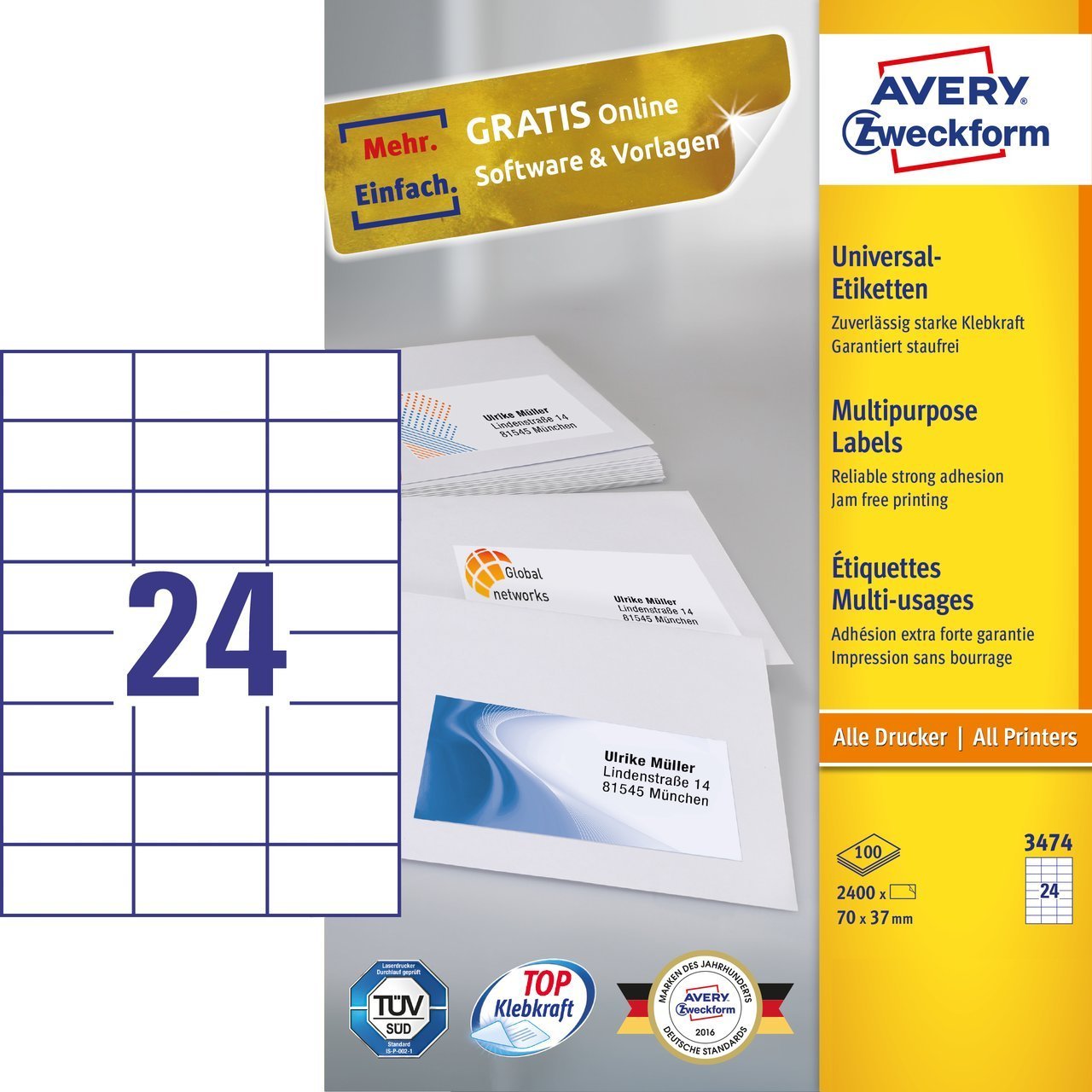 EAN 4004182034743 - Avery 3474 etiqueta autoadhesiva Rectángulo Permanente Blanco 2400 pieza(s) imagen 1