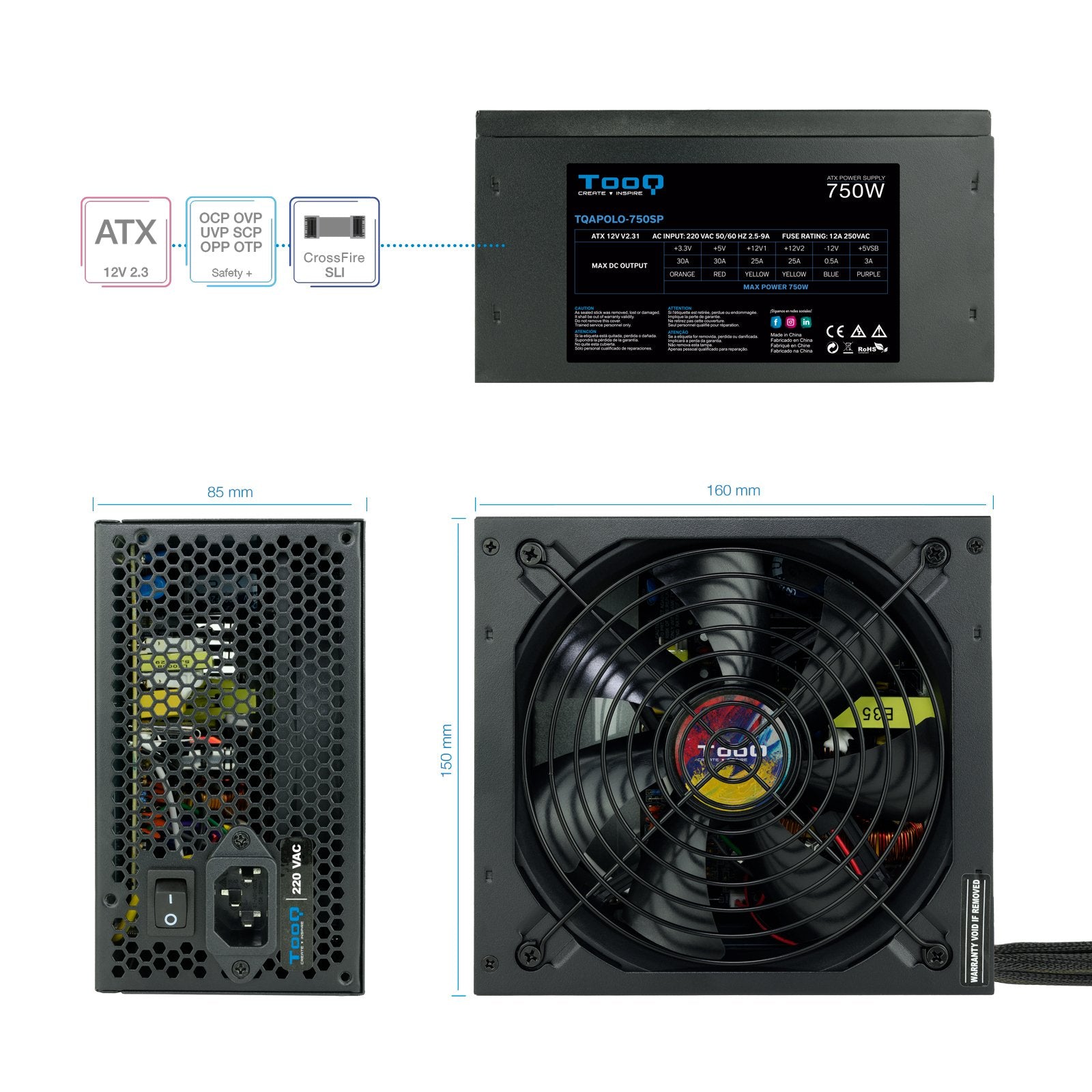 EAN 8433281010314 - TooQ TQAPOLO-750SP unidad de fuente de alimentación 750 W 20+4 pin ATX ATX Negro imagen 4