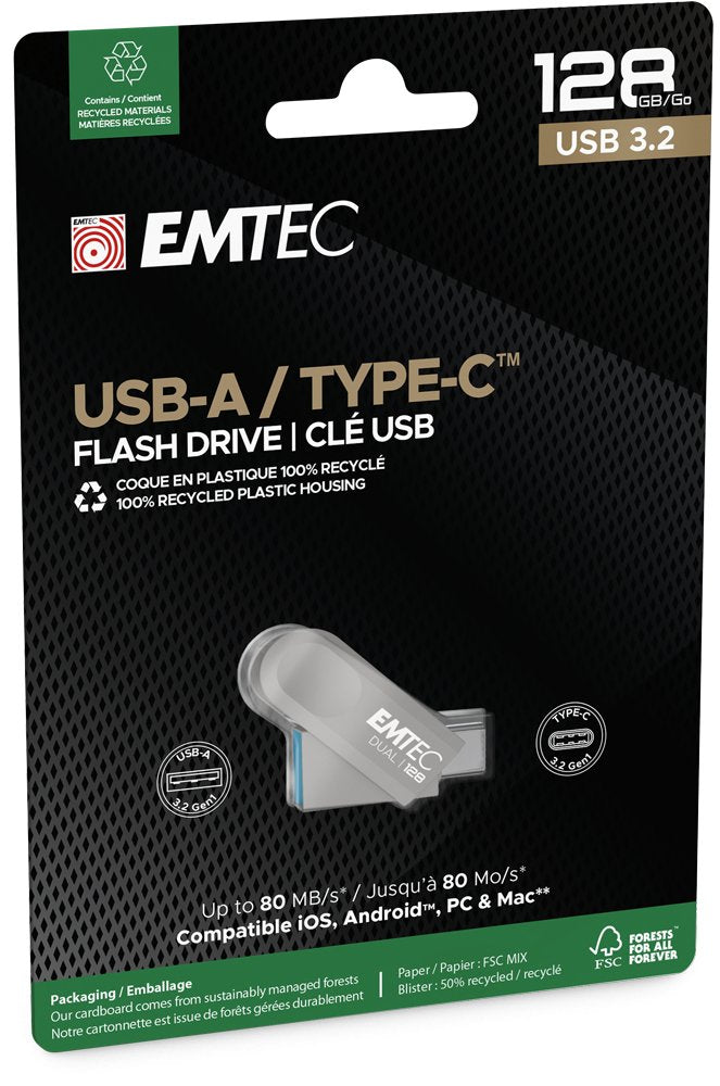 EAN 3126170182609 - Emtec D280 Dual unidad flash USB 128 GB USB Type-A / USB Type-C 3.2 Gen 1 (3.1 Gen 1) Plata imagen 3