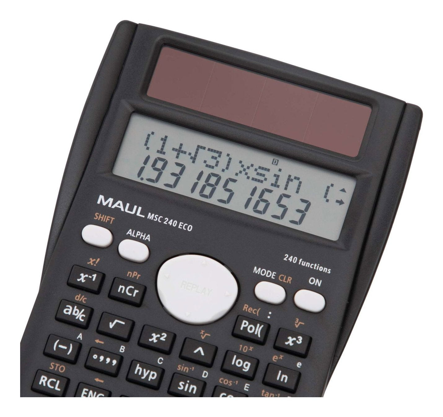 Maul Msc 240 Eco Calculadora De Escritorio Solar, Calculadora Científica Con Pantalla De Dos Líneas, 80% Plástico Reciclado, Negro, 16,1 X 8,5 X 2,1 Cm Para Oficina, Taller, Escuela