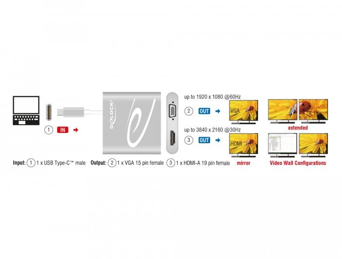 Delock Usb Type-C Splitter (Dp Alt Mode) > 1 X Hdmi + 1 X Vga Out
