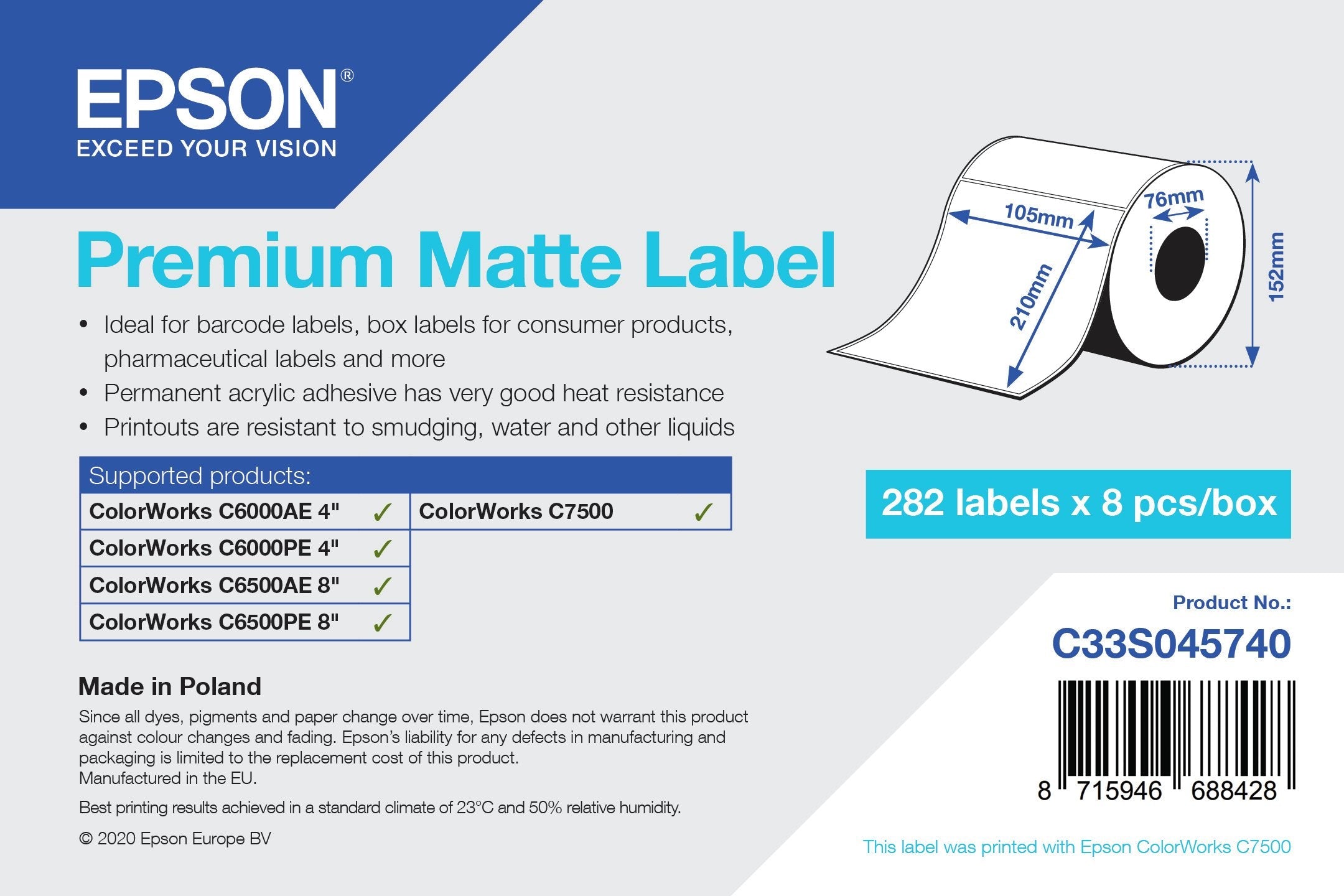 Epson Prem. Matte Label 105mmx210mm Die-Cut Rolle: 282 Labels