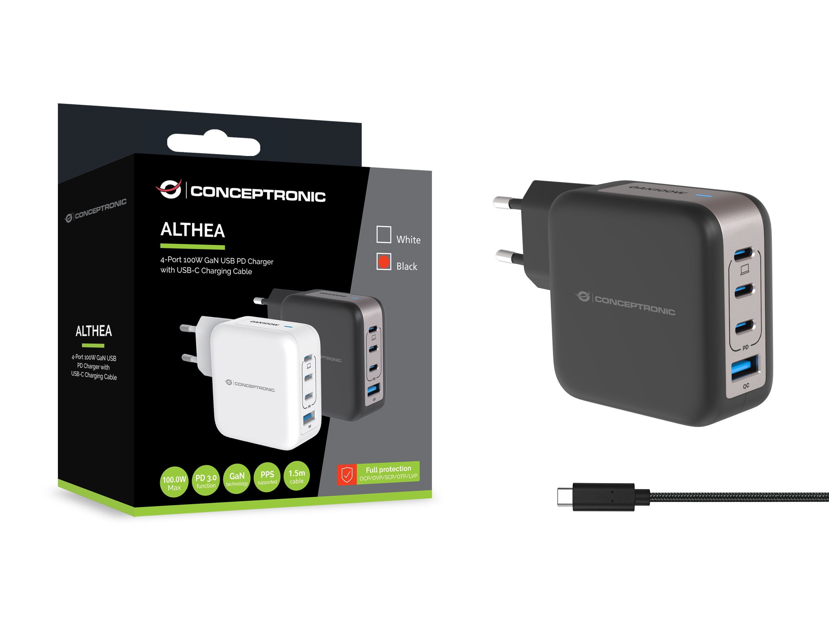 Conceptronic Cargador 4port 100w,3xusb-C,1xusb-A 1.5m Sw