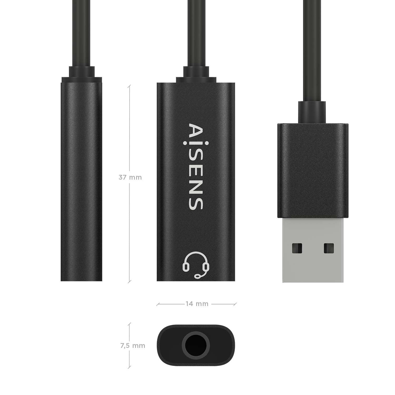 Aisens Conversor Usb-A A Audio 48khz - Usb-A/M-Jack 3.5/H - 10cm - Negro