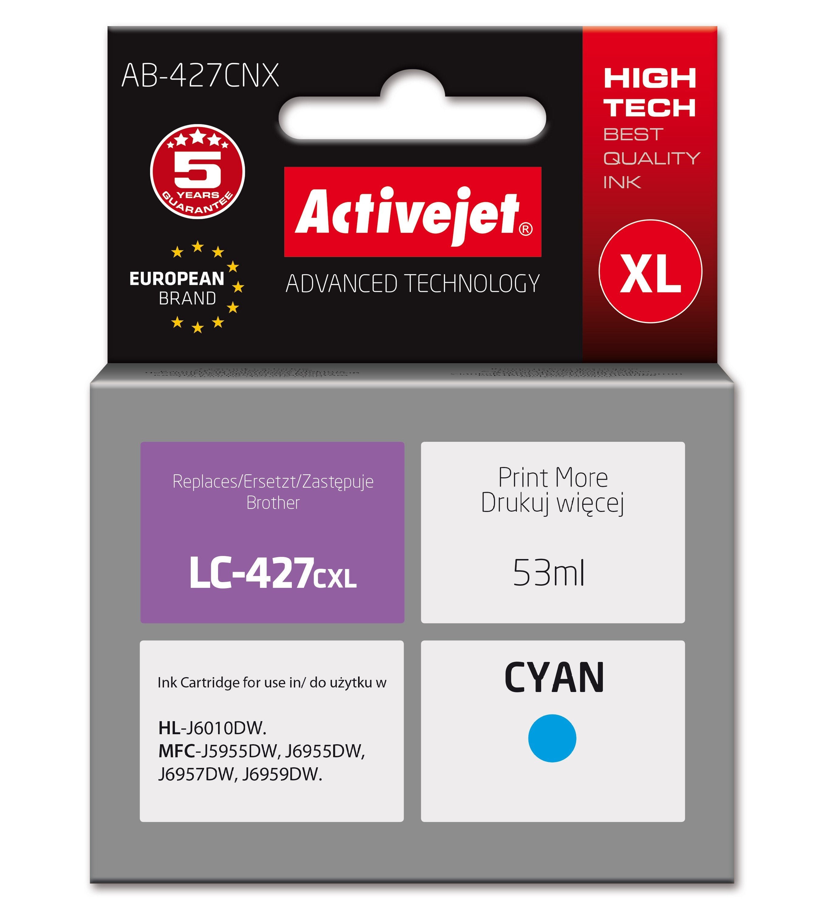 Activejet Ab-427cnx Tinta Para Impresora Brother, Equivalente A Brother Lc-427cxl; Supreme; 53 Ml; Azul