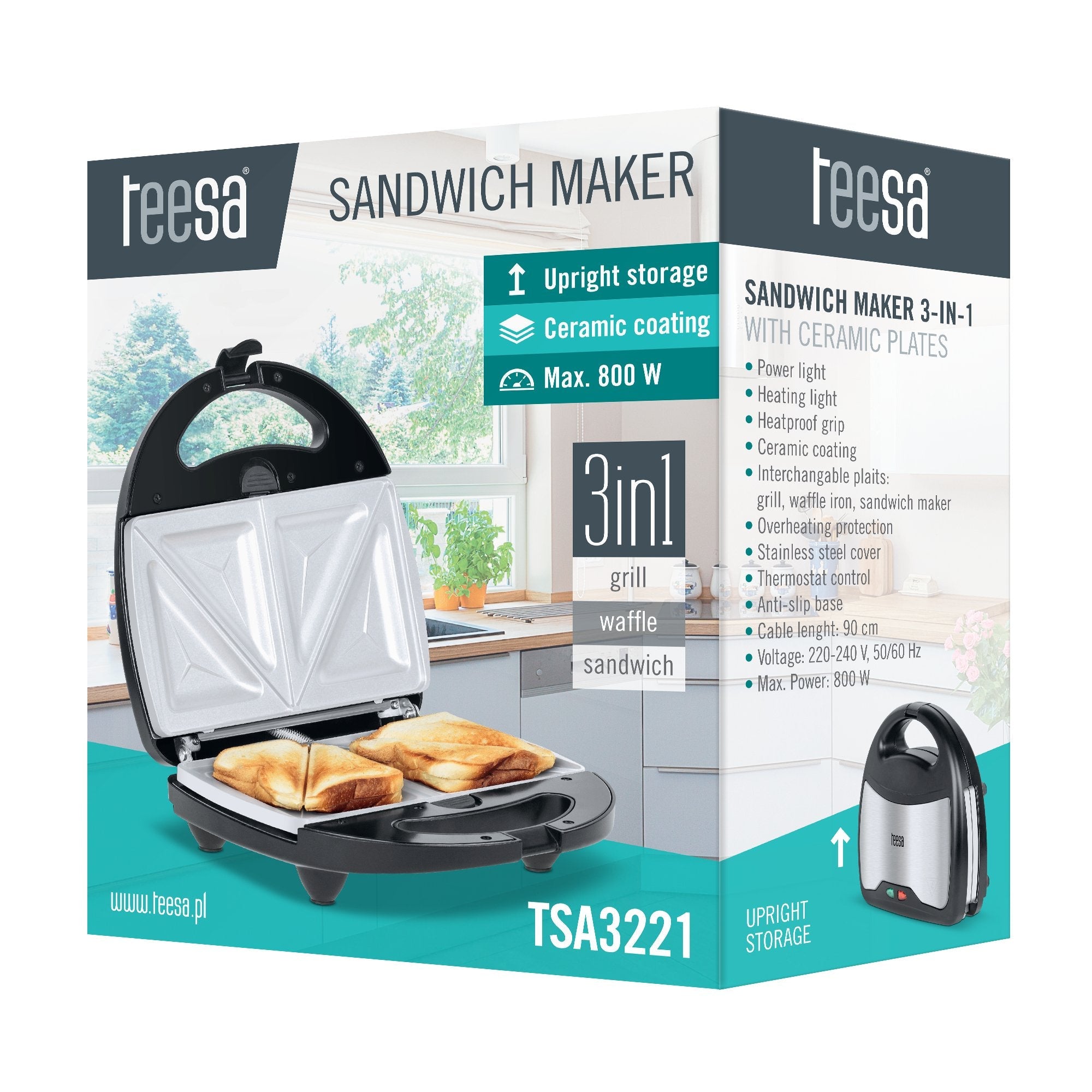 EAN 5901890025072 - Teesa TSA3221 sandwichera 800 W Negro, Acero inoxidable imagen 7