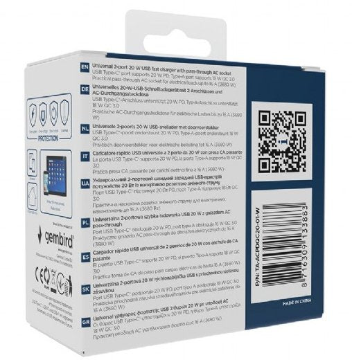 Cargador Rapido Gembird Usb De 2 Puertos Con Toma De Ca De Paso 20 W Blanco
