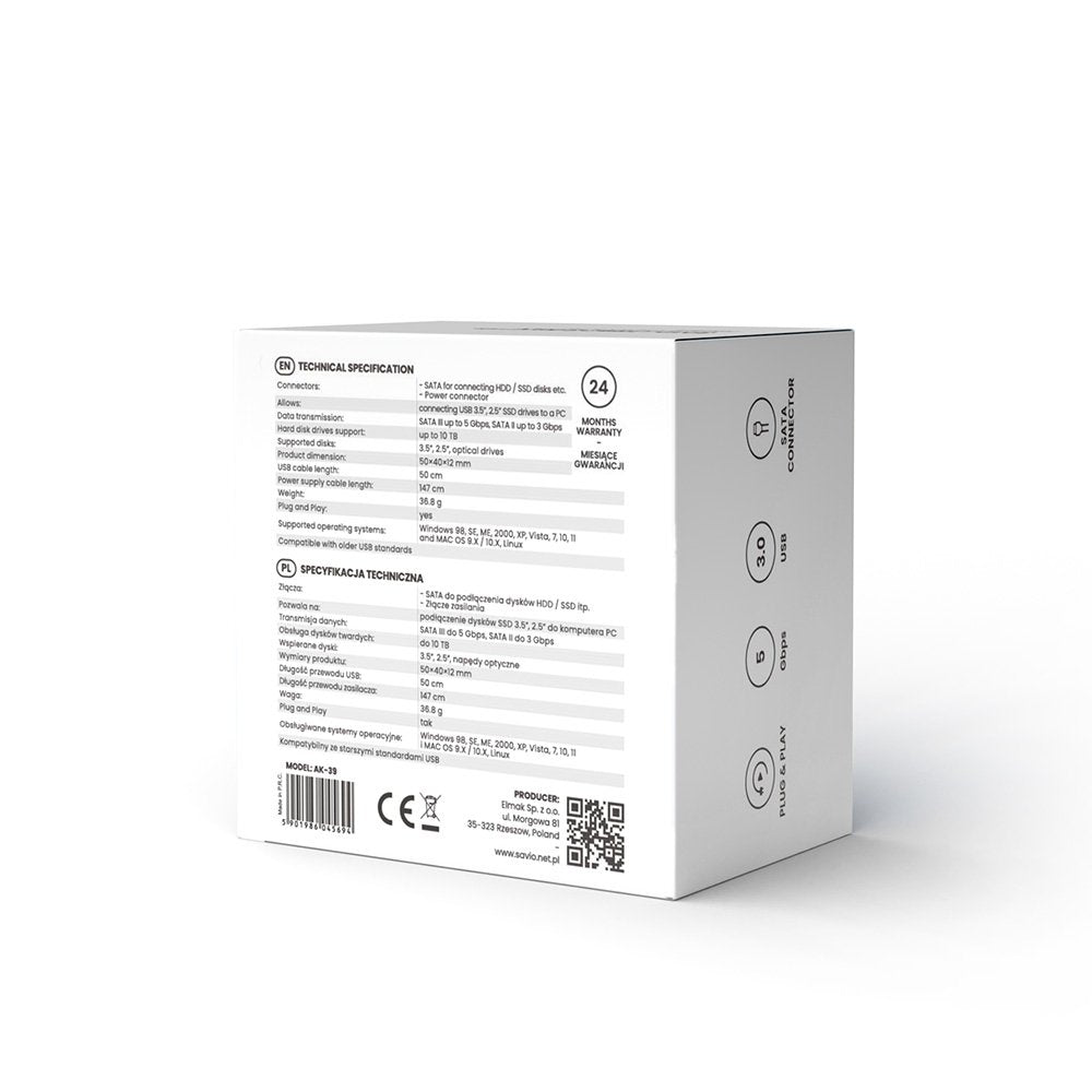 EAN 5901986045694 - Savio AK-39 USB 3.0 - SATA III adapter for 3.5/2.5\" drives with power supply - Adapter - Digital/Daten t imagen 7