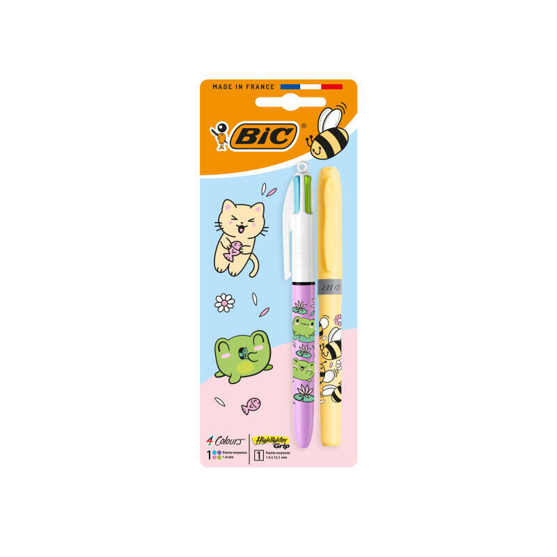 Bic 4 Colours Decors Kawaii Pack Con 1 Boligrafo De Bola Retractil Pastel + 1 Marcador Highlighter Grip Pastel De Color