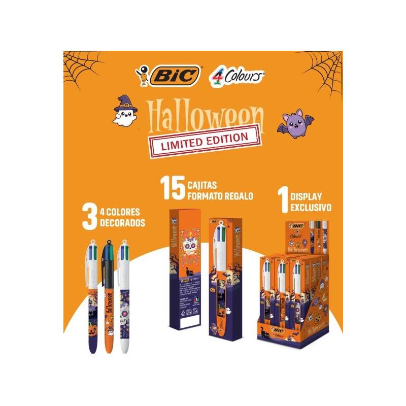 Bic 4 Colours Halloween Expositor Con 15 Boligrafos De Bola Retractil - 3 Diseños Diferentes - En Caja Individual -