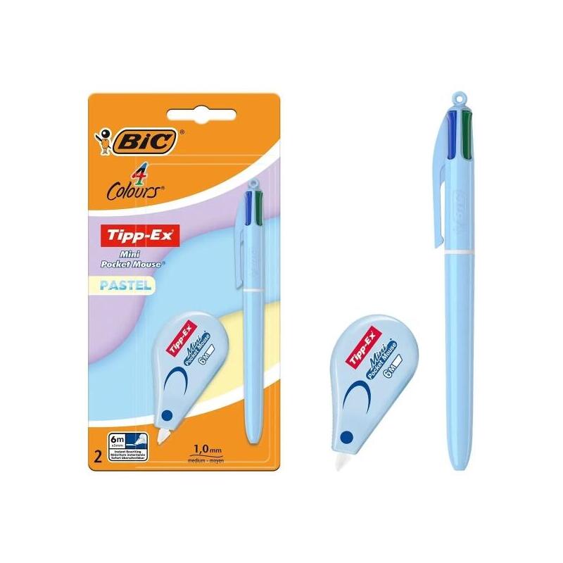 Bic 4 Colours Pastel Pack Con 1 Boligrafo De Bola Retractil 4 Colores + Corrector Tipp-Ex Mini Pocket Mouse Pastel