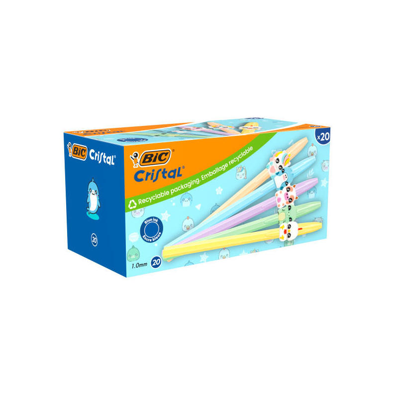 Bic Cristal Pastel Figurines Pack Con 20 Boligrafos De Bola - Cuerpo Opaco En Colores Pastel Con Figuras De Animales -