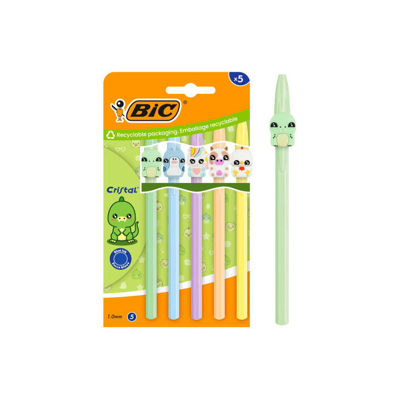 Bic Cristal Pastel Figurines Pack Con 5 Boligrafos De Bola - Cuerpo Opaco En Colores Pastel Con Figuras De Animales -