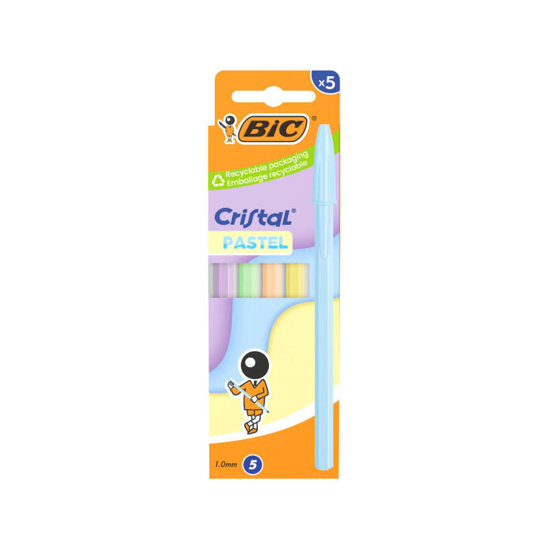 Bic Cristal Pastel Pack Con 5 Boligrafos De Bola - Cuerpo Opaco En Colores Pastel - Punta Redonda De 1mm - Trazo 0.4mm