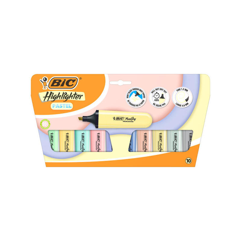 Bic Marking Highlighter Flat Pastel Pack De 10 Marcadores Fluorescentes - Punta Biselada - Trazo Entre 1.20 Y 4.60 Mm -